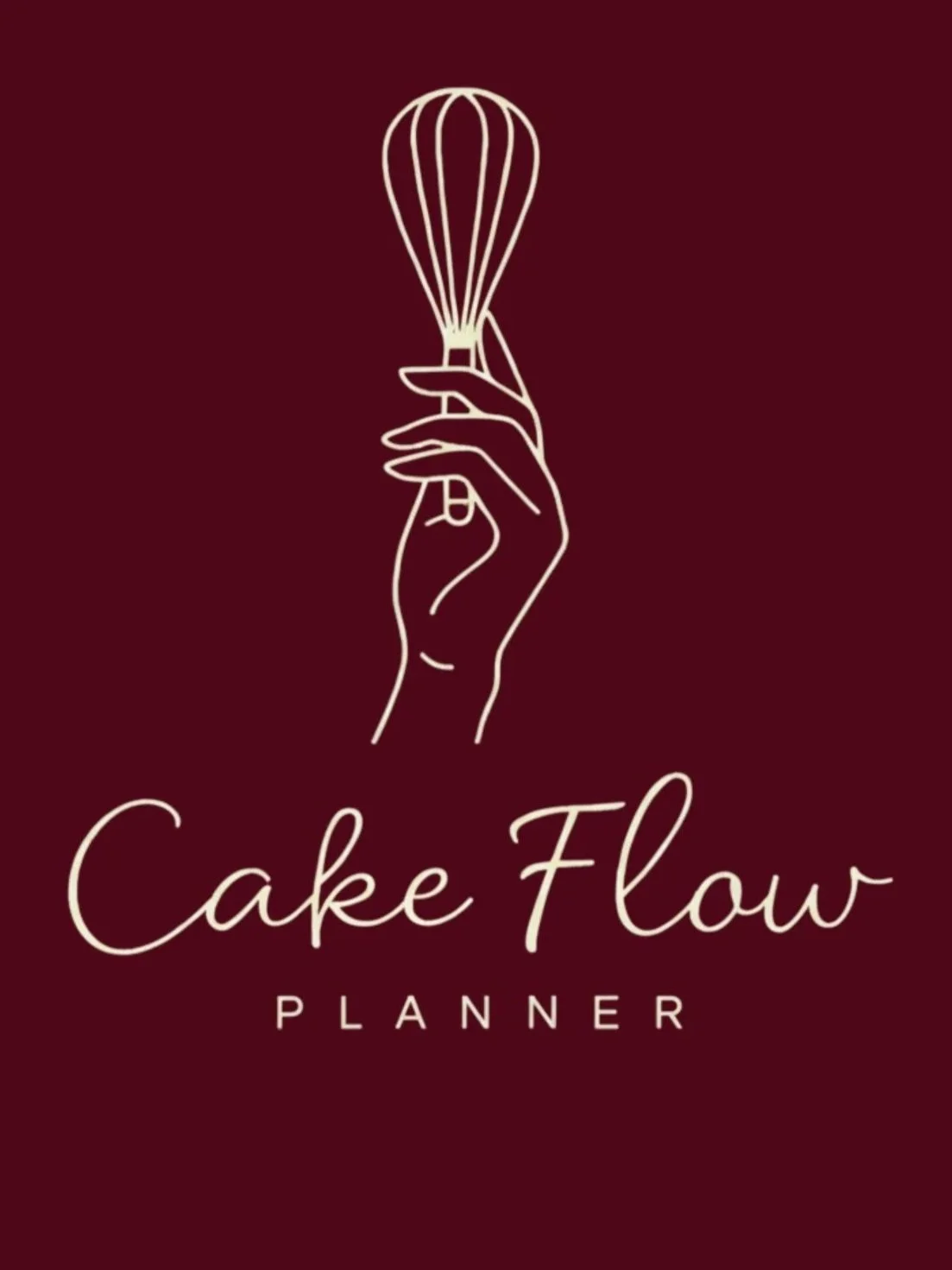 Logo for Cake Flow Planner featuring a minimalist line drawing of a hand holding a whisk, on a dark red background.