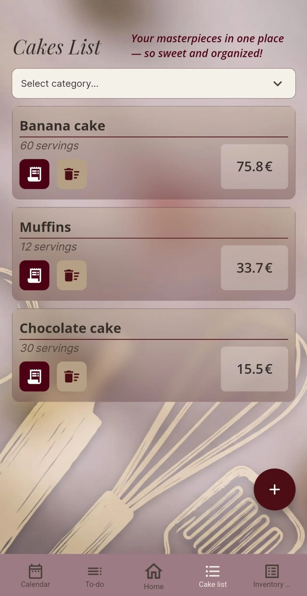 Screenshot of a cake list menu with options for banana cake, muffins, and chocolate cake, including prices and serving sizes, with a soft purple background and bakery-themed illustrations.