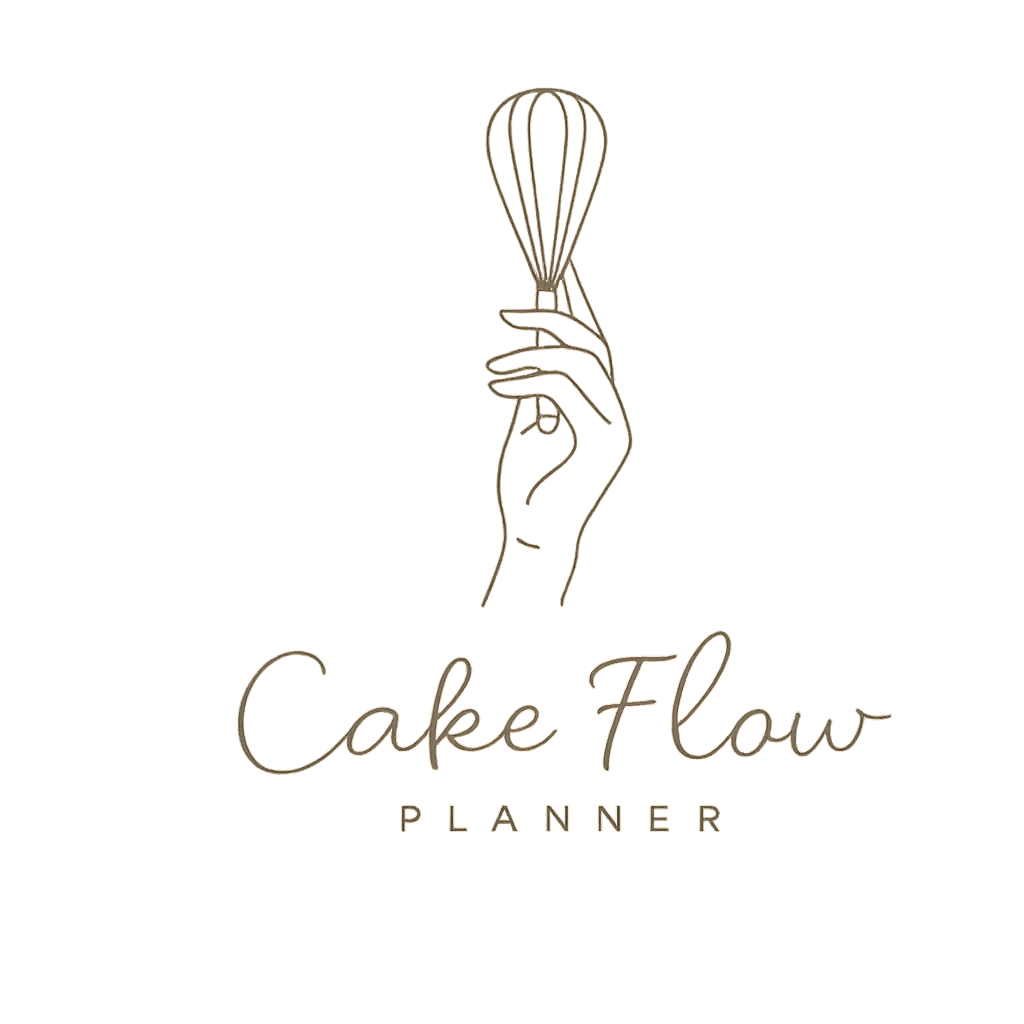 A black background with a minimalist line drawing of a hand holding a cake spatula or whisk, above the text 'Cake Flow Planner' in elegant cursive and sans-serif fonts.