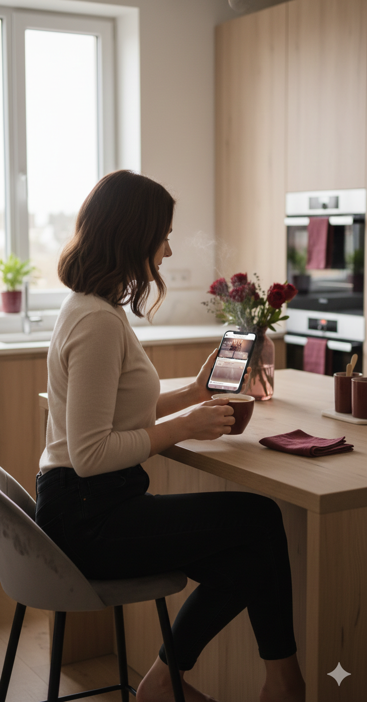 A woman with shoulder-length brown hair, wearing a beige long-sleeve shirt and black pants, sitting at a light wooden kitchen table, holding a smartphone in one hand and a mug in the other, with a vase of flowers and a folded napkin on the table.