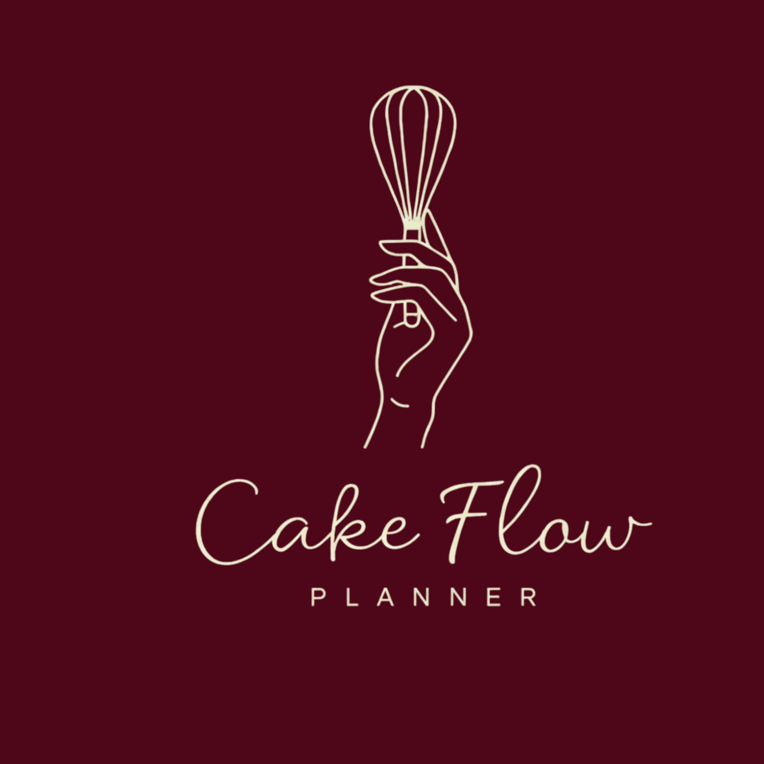 A burgundy background with a white line drawing of a hand holding a whisk, and the words 'Cake Flow Planner' written below.
