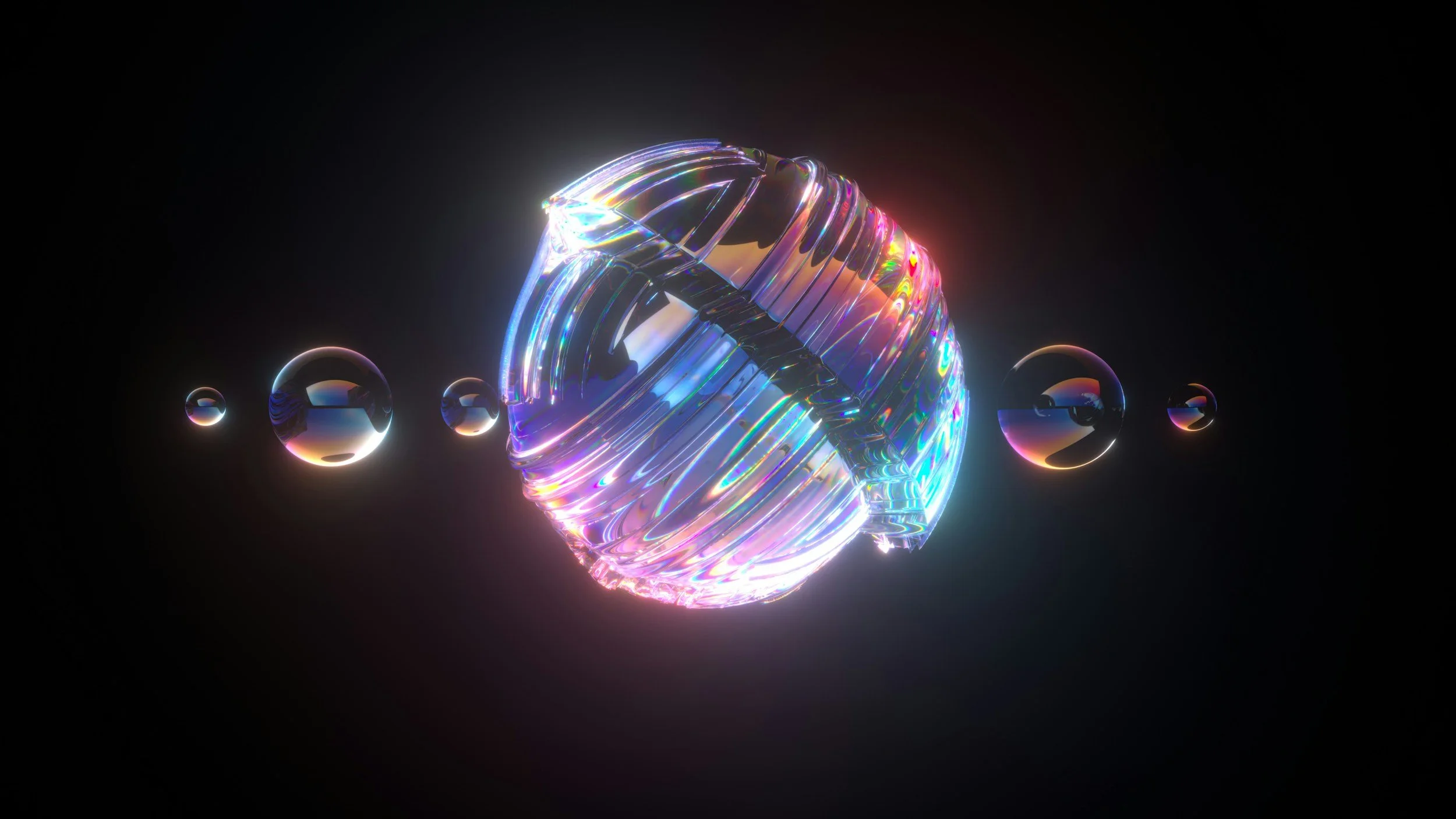 A holographic ball with iridescent colors and patterns floating in space, accompanied by several small reflective spheres on a black background.