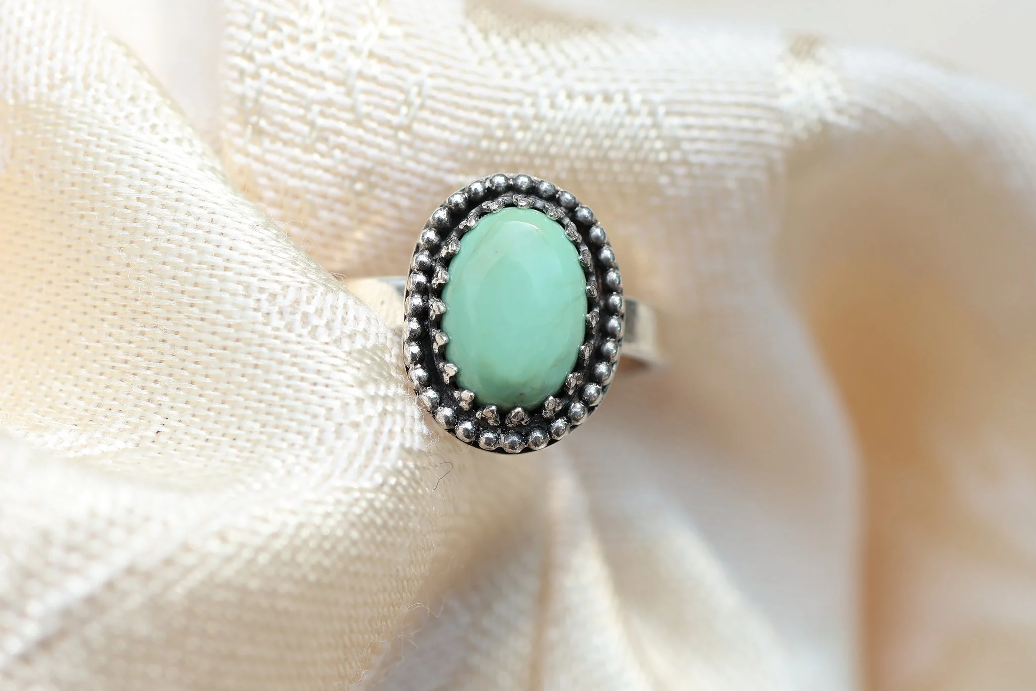 Green Chrysoprase Beaded Sterling Silver Ring - Size 7