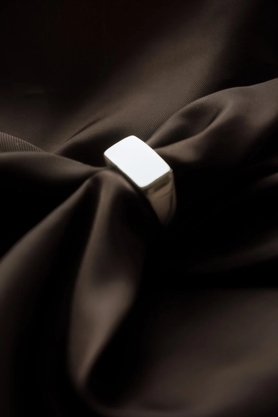 Close-up of a shiny metallic buckle on a dark brown fabric strap.