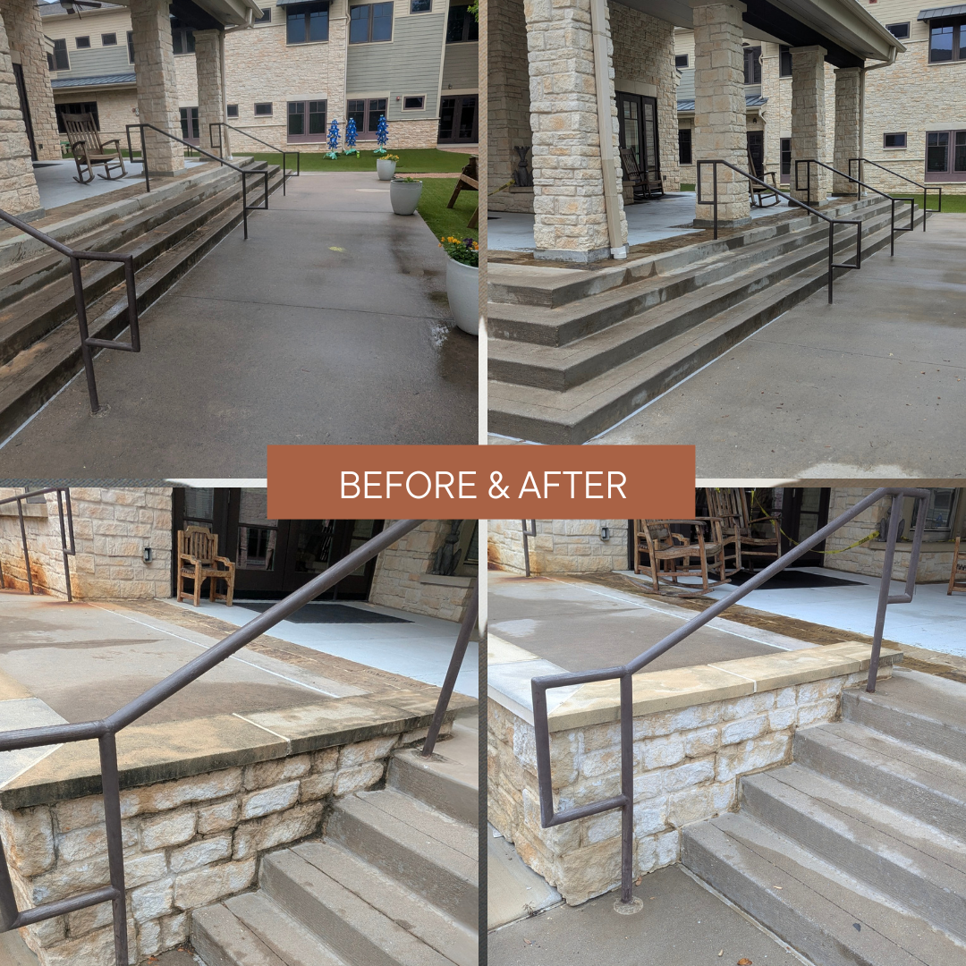 Before and after images of a building entrance with stairs and sidewalk. The 'after' images show the stairs and sidewalk repaired and cleaned, while the 'before' images show damaged and stained stairs. The photos include stone pillars, a metal handrail, seating areas, and potted plants.