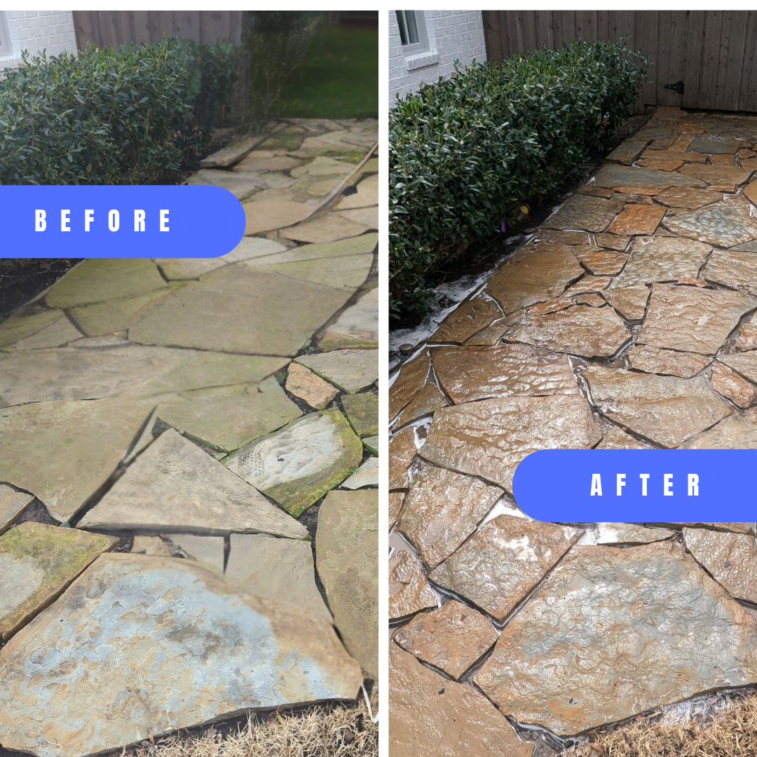 Side-by-side comparison of a stone patio before and after cleaning. The 'Before' side shows dirty, mossy, and stained stones, while the 'After' side features clean, wet, and restored stones with a shiny appearance.