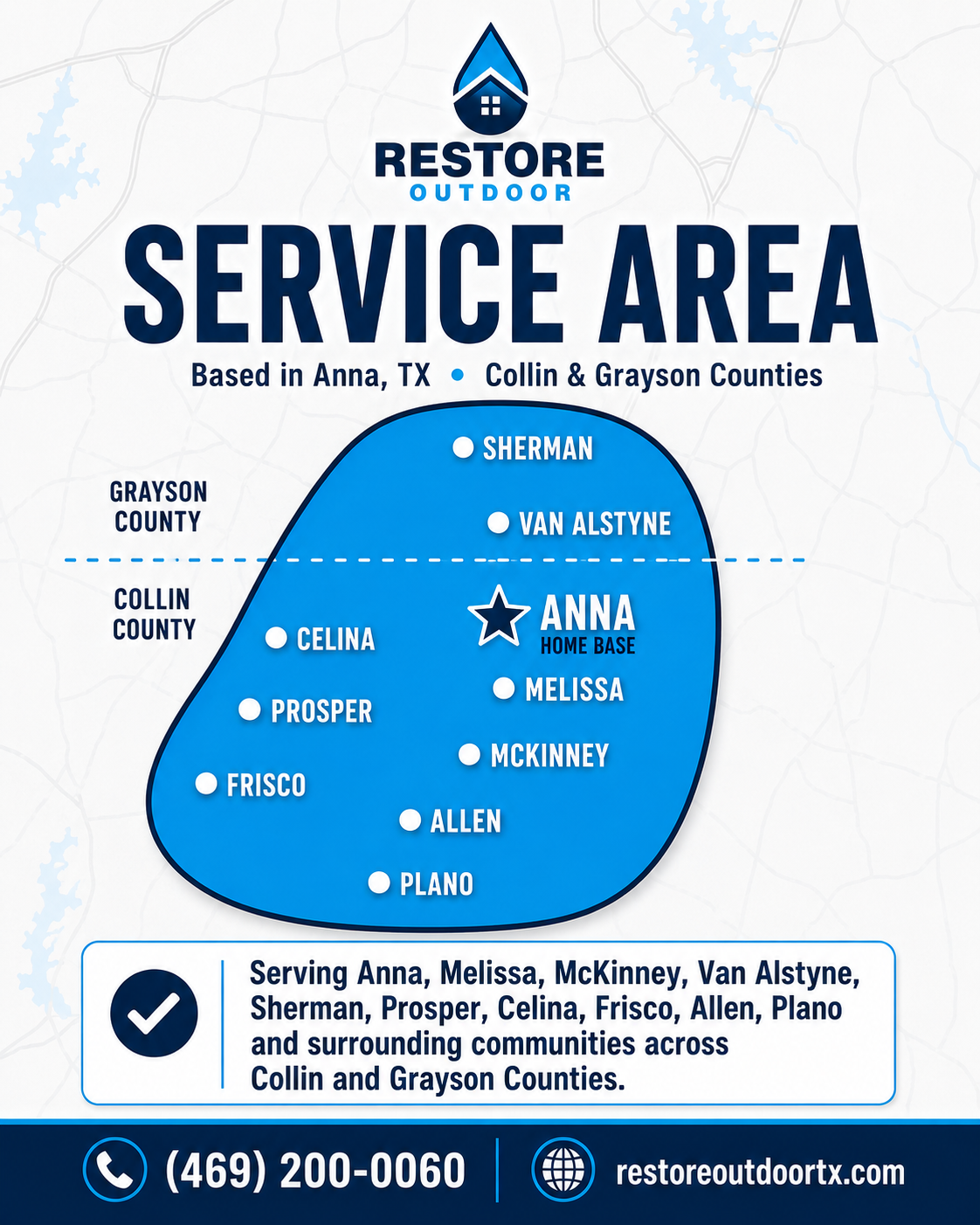 Map of service area for Restore Outdoor in Anna, Texas, covering parts of Collin and Grayson Counties, with locations marked for Sherman, Van Alstyne, Anna, Melissa, McKinney, Allen, Plano, Prosper, Celina, Frisco, and surrounding communities.