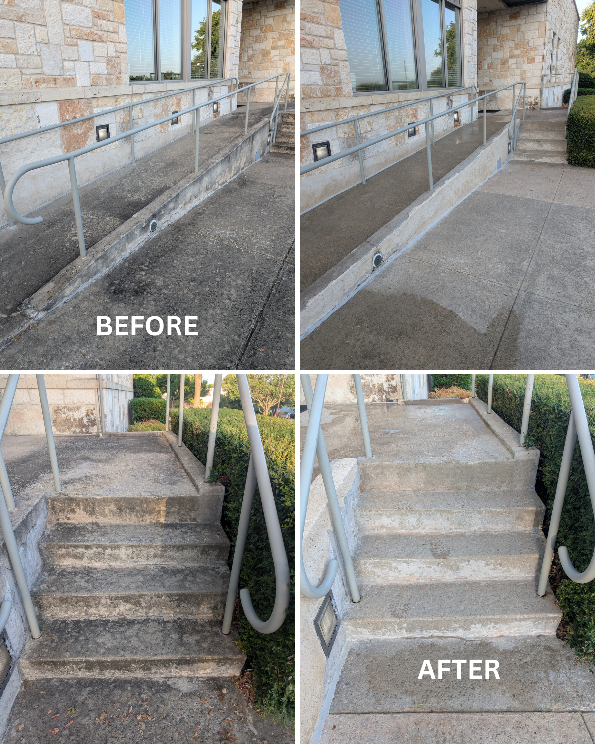 Commercial entrance ramp and stairs soft washed and cleaned