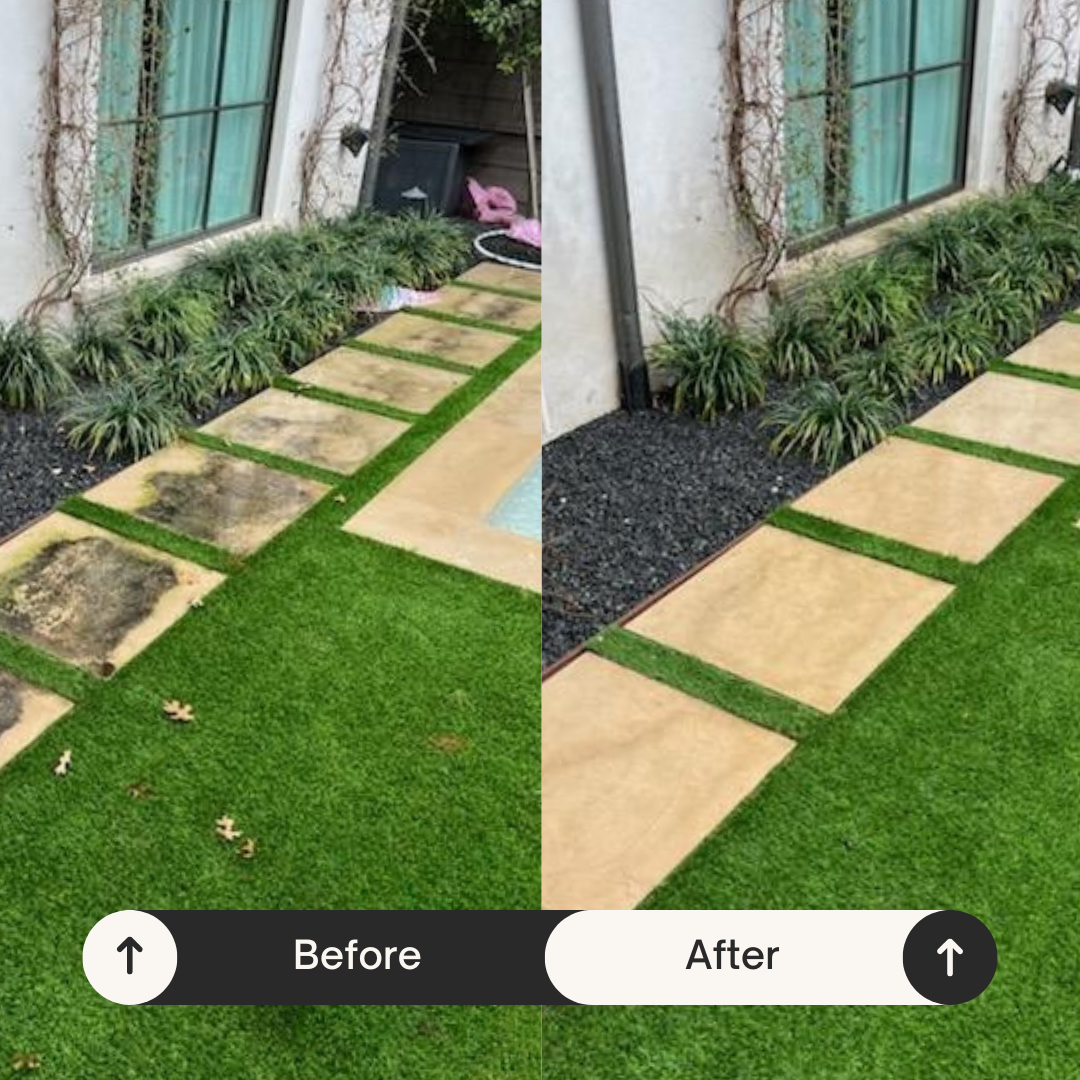 Side-by-side comparison of a garden path before and after cleaning and repair; the left shows stained and dirty concrete stepping stones, while the right shows clean, restored stones with well-maintained grass and plants.
