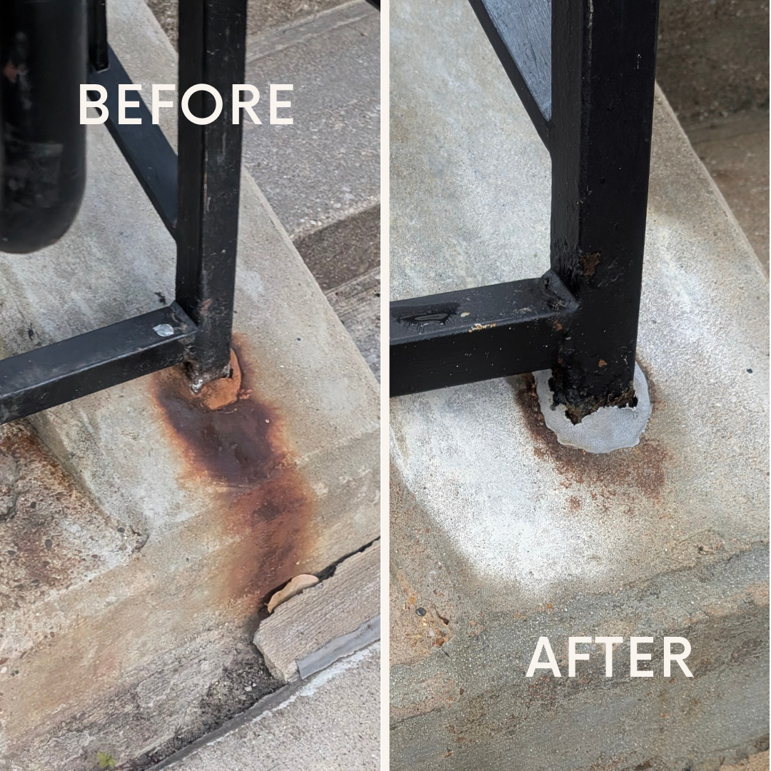 Side-by-side images showing a black metal gate post on a concrete step before and after repair. The 'before' image shows rust around the base of the post, while the 'after' image shows the rust removed and the area sealed and painted.