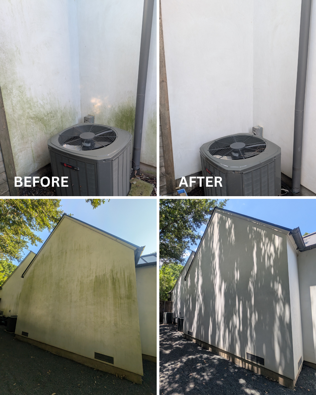 Stucco house wash with heavy green algae growth