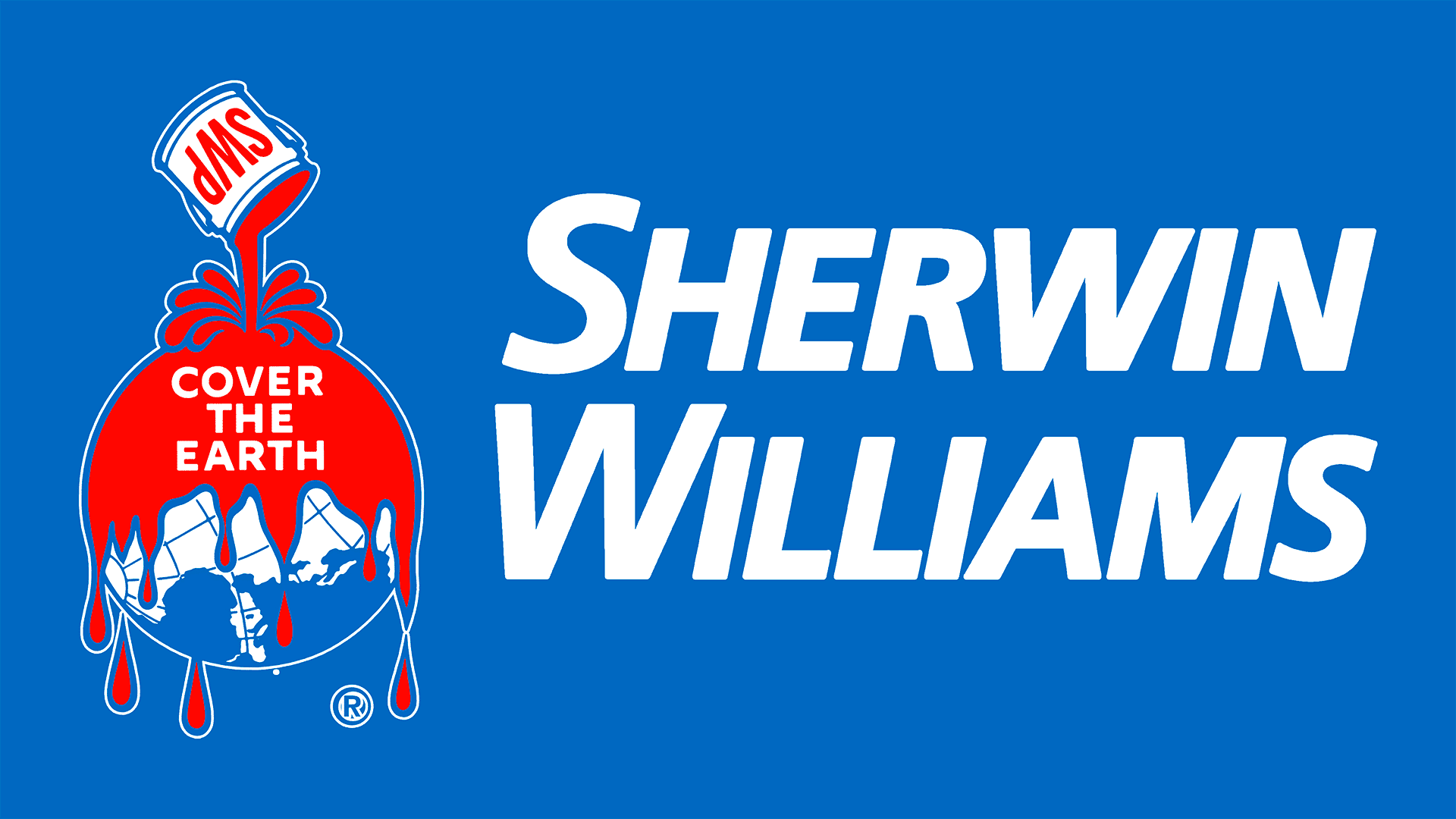 The image displays a logo with a blue background. It features a red and white graphic of an egg with red dripping onto Earth and the words "COVER THE EARTH" inside the egg. In the top left, an open can labeled "SWP" pours red liquid onto the egg. To the right, the text reads "SHERWIN WILLIAMS" in large white letters.