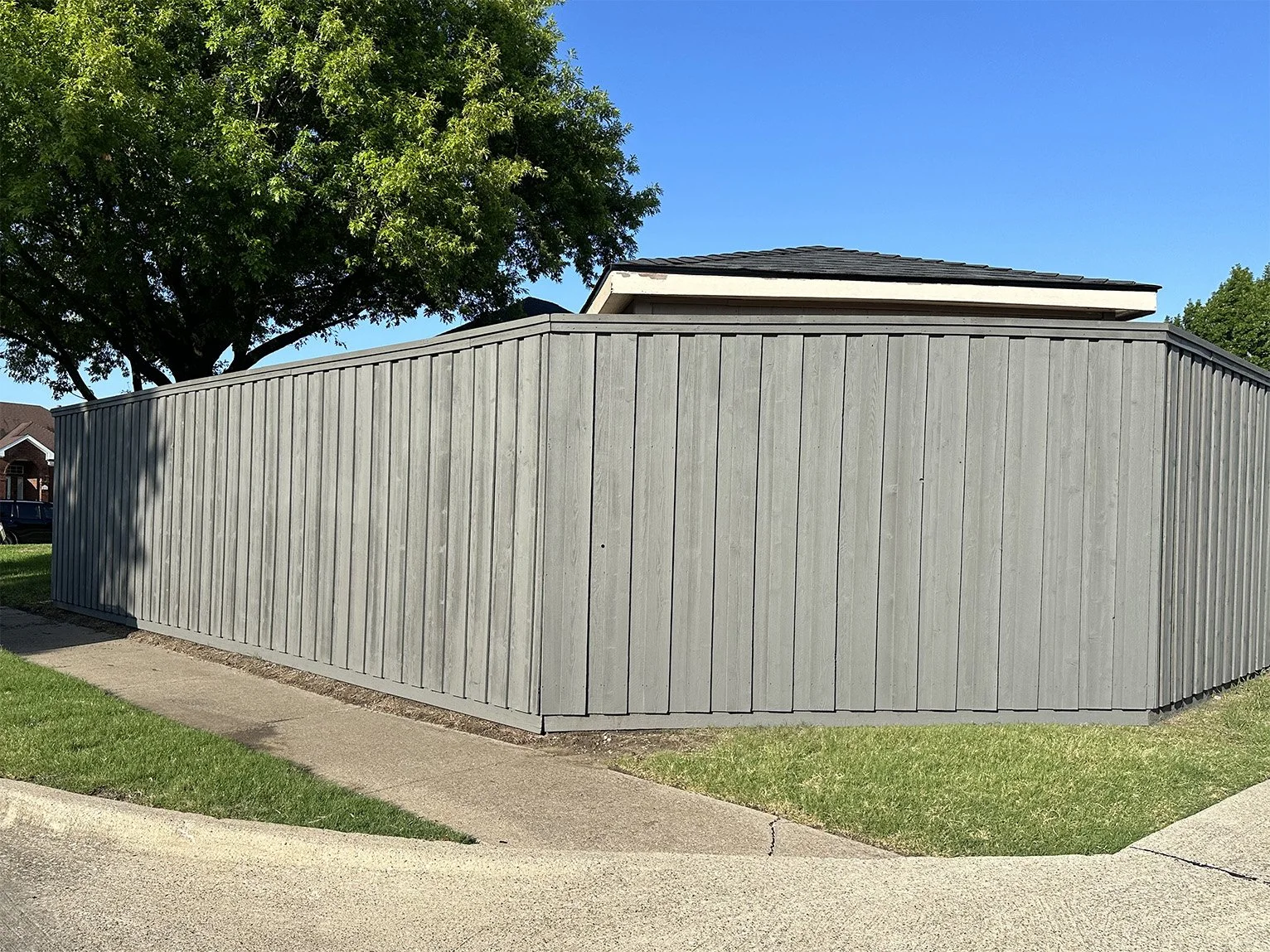 Gray wooden privacy fence surrounding a house with a large tree behind it, a sidewalk in front, and a clear blue sky overhead.