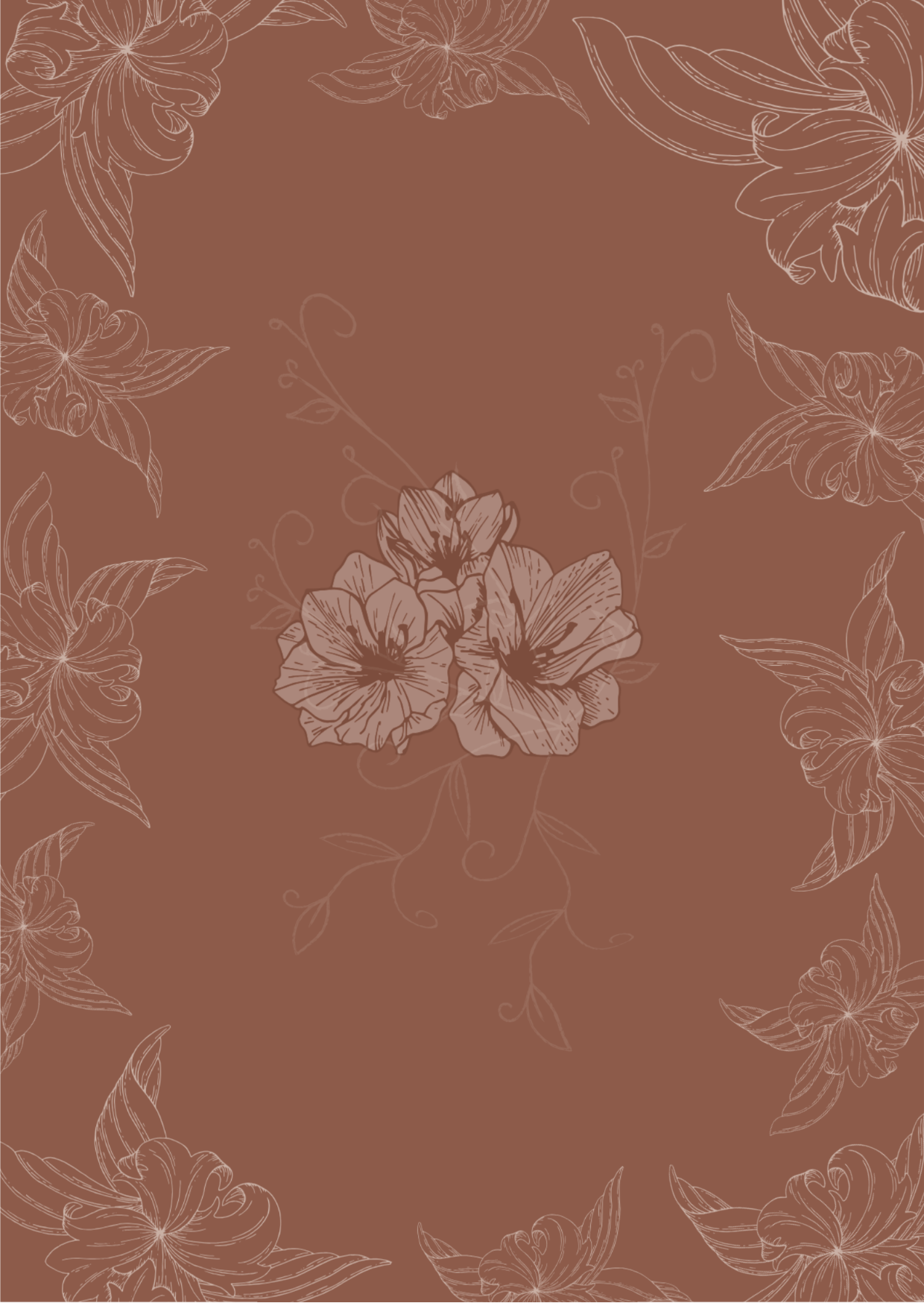 Brown background with beige floral patterns and three center flowers.