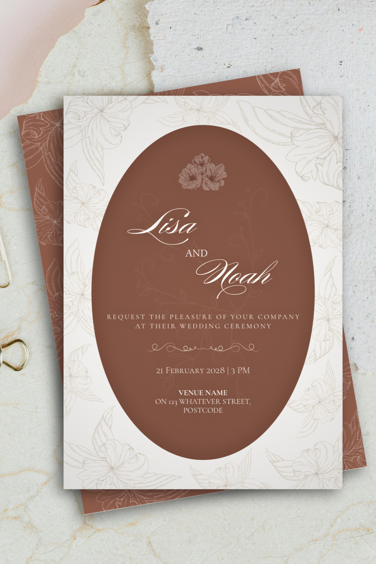 Wedding invitation with floral design, featuring brown and cream colors, and text announcing a wedding between Lisa and Noah on February 21, 2028.