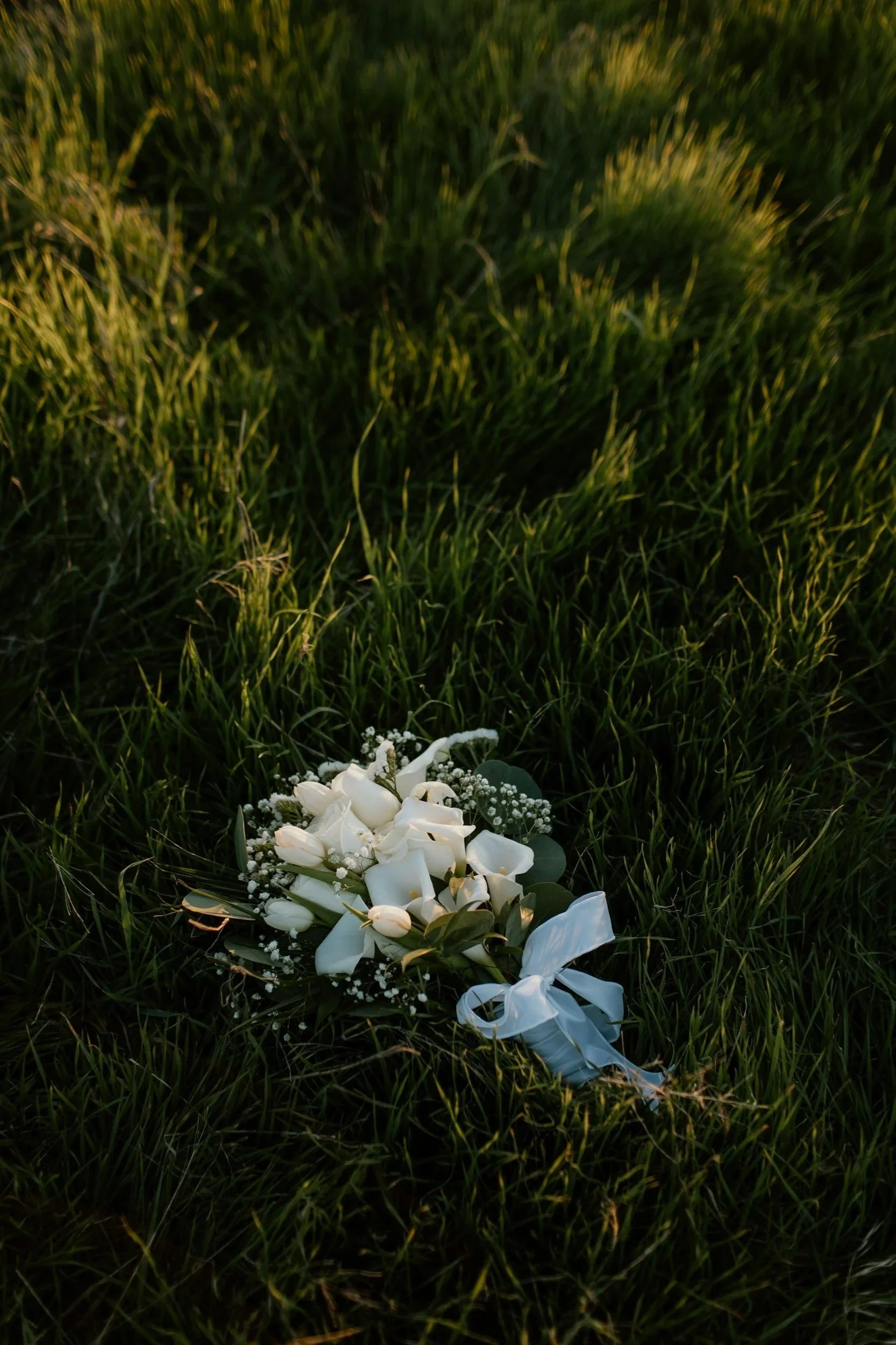 White wedding bouquet with roses and baby's breath lying on green grass.