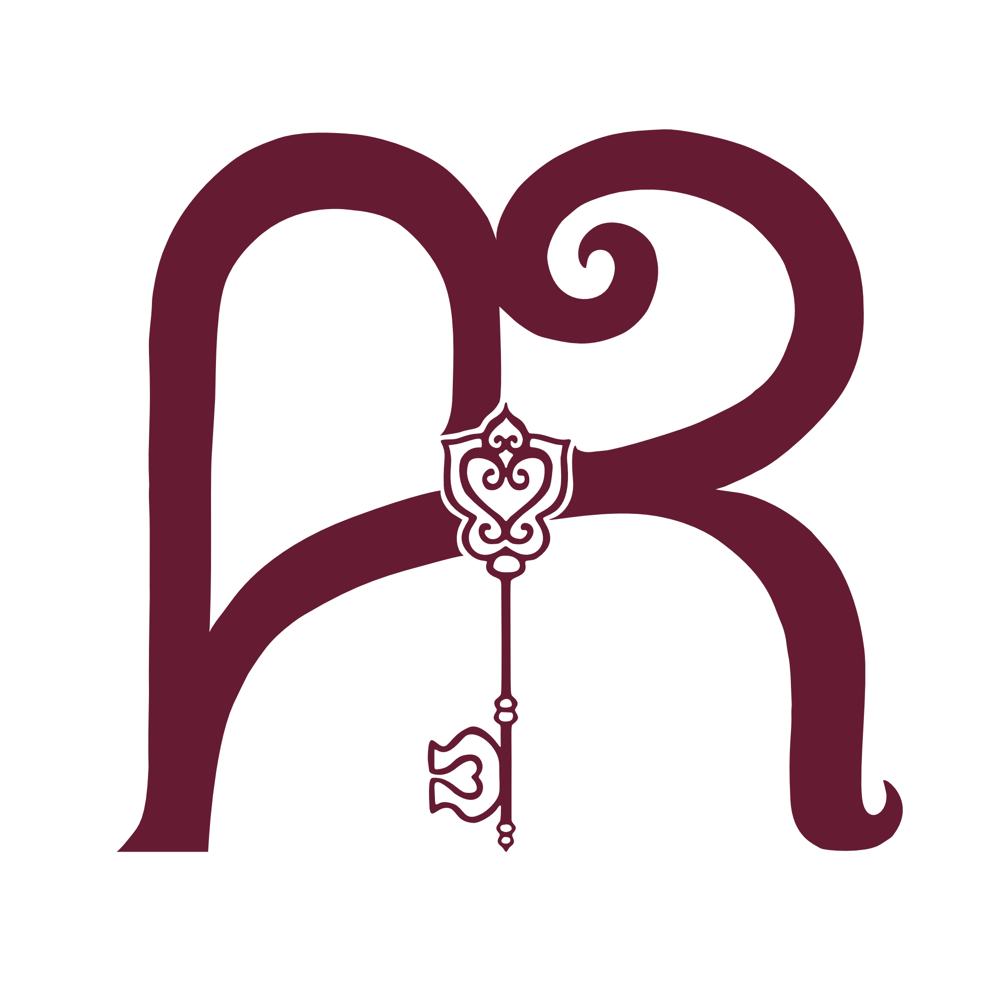 Stylized letter G with ornamental design and a hanging key shaped like the number 5.
