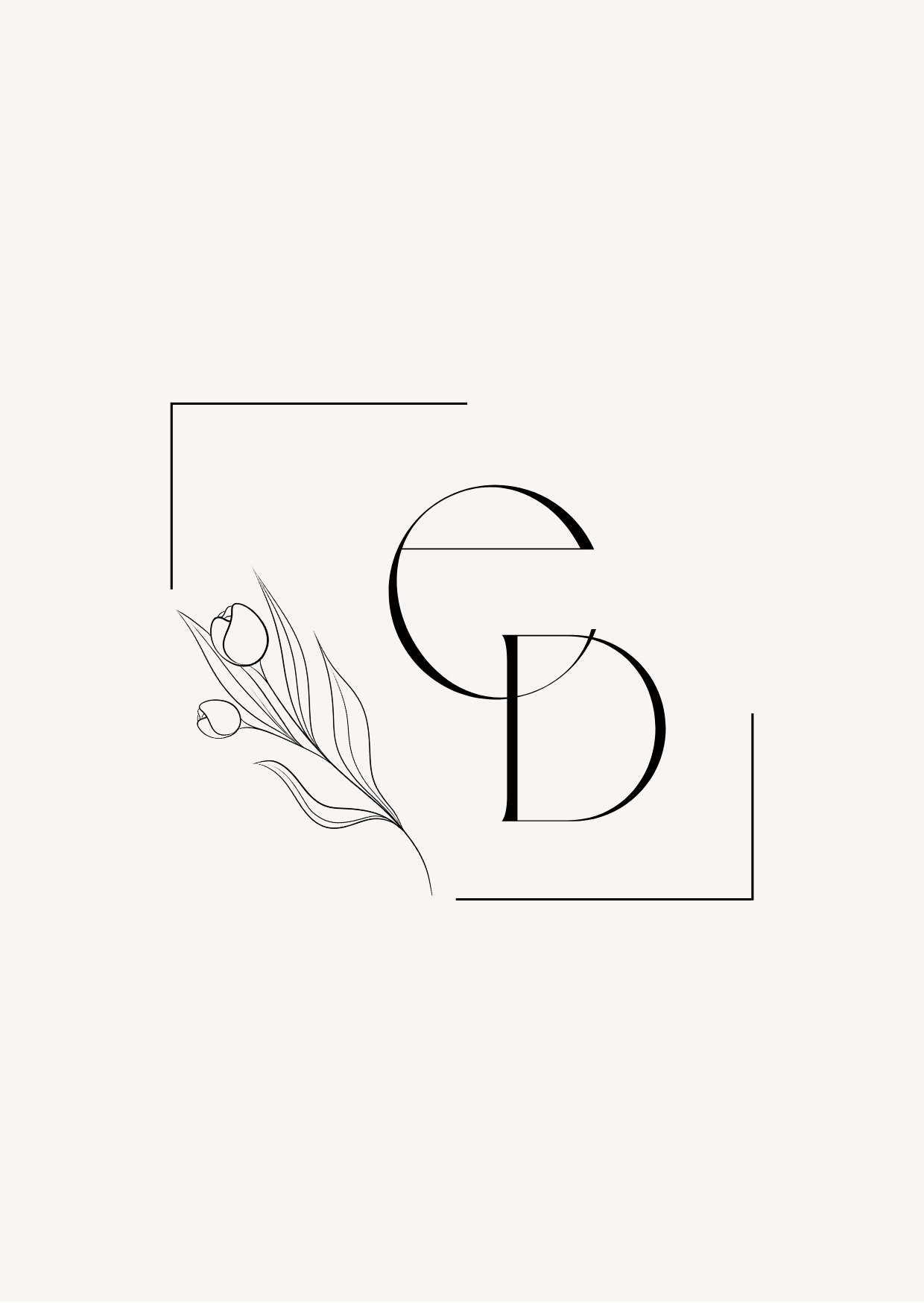 Minimalist black and white logo with stylized letter 'E' and 'D', accompanied by a line drawing of a tulip plant in the bottom left corner, enclosed in a geometric frame.