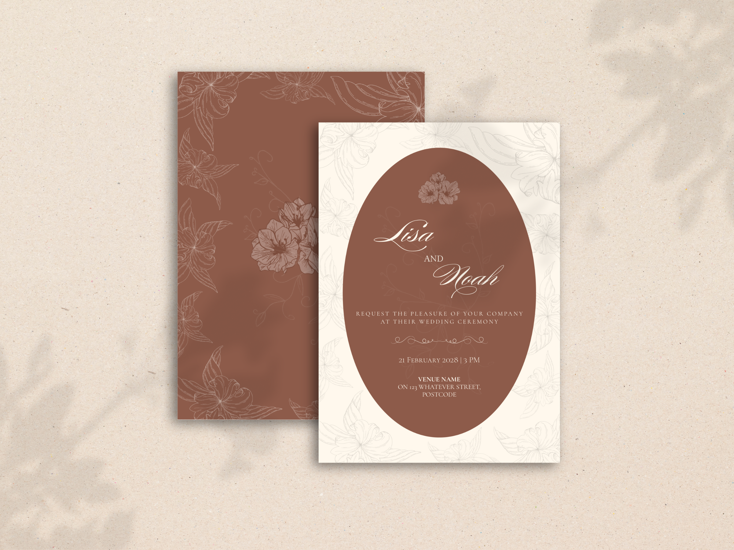 Wedding invitation card with floral design in brown and white, featuring the names Lisa and Noah, dates, time, and venue details.