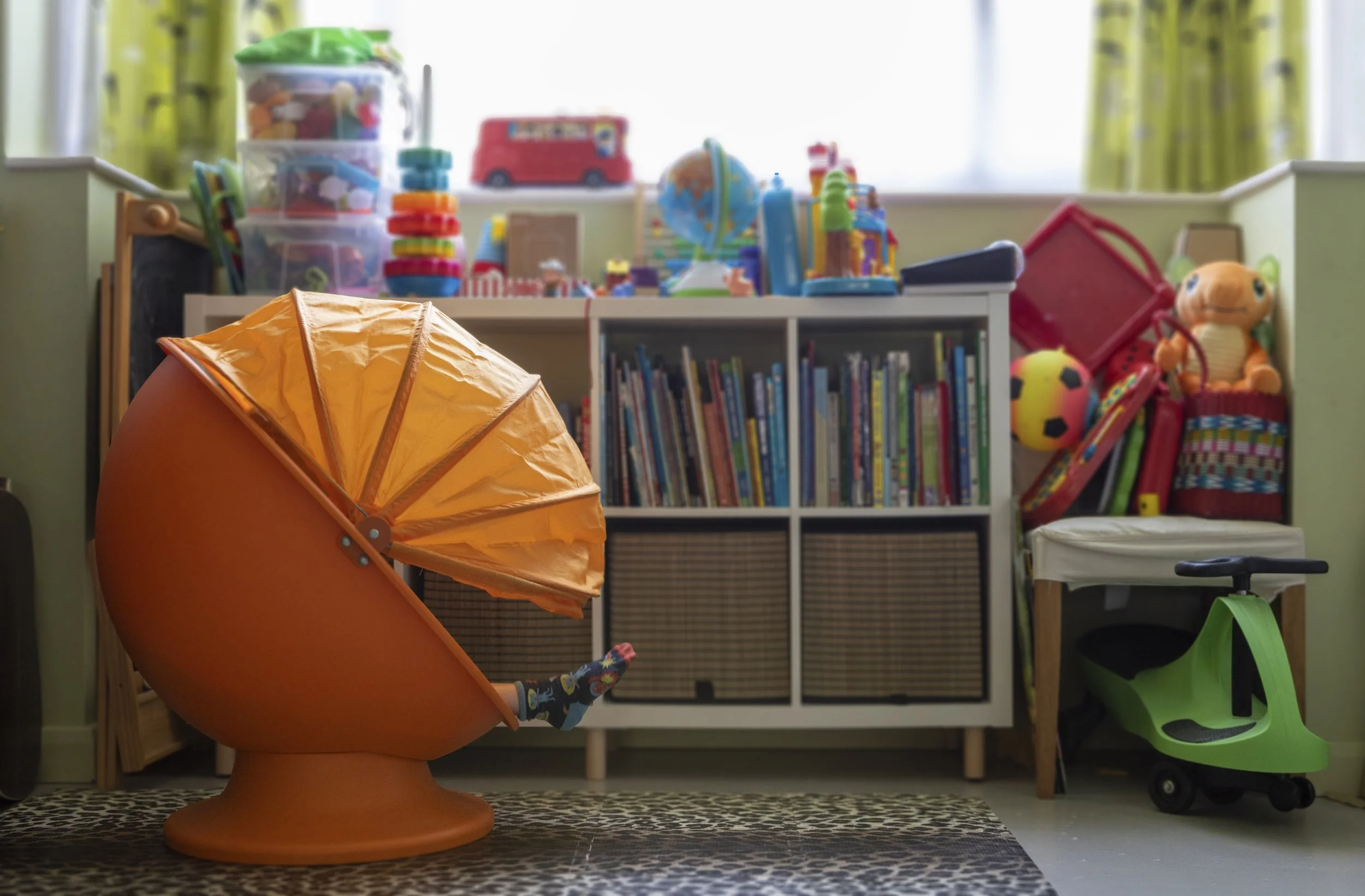 Noah, 5: Our son’s safe space is an Ikea egg chair with a cover that pulls down, so you can’t see him inside it, except sometimes his legs.
