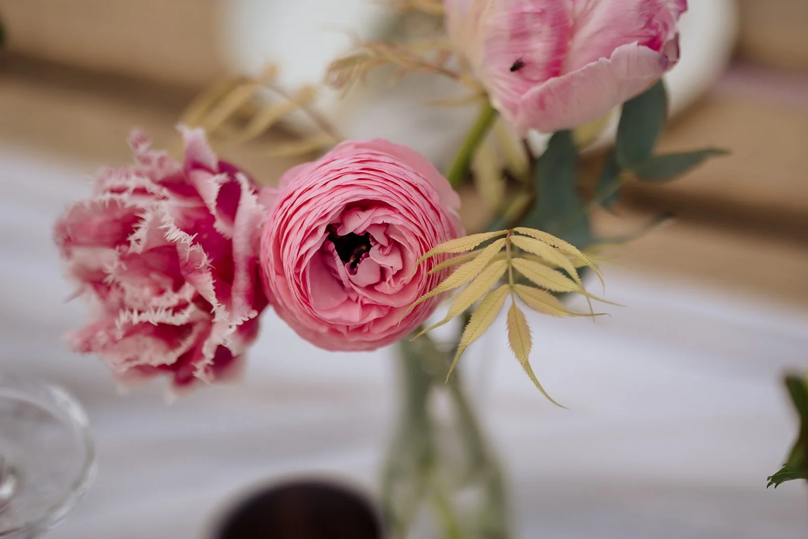 Close-up of pink flowers with green and yellow leaves in a glass vase.