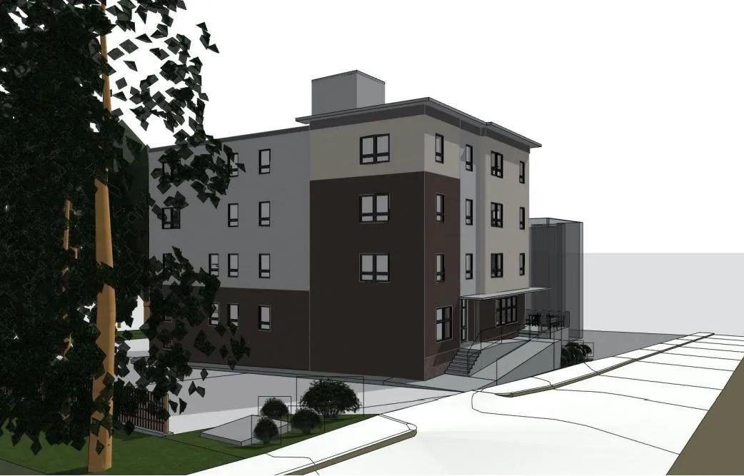 Digital rendering of a multi-story building with dark and light exterior walls, multiple windows, and a small outdoor stairway leading to an entrance, with some landscaping and a large tree in the foreground.