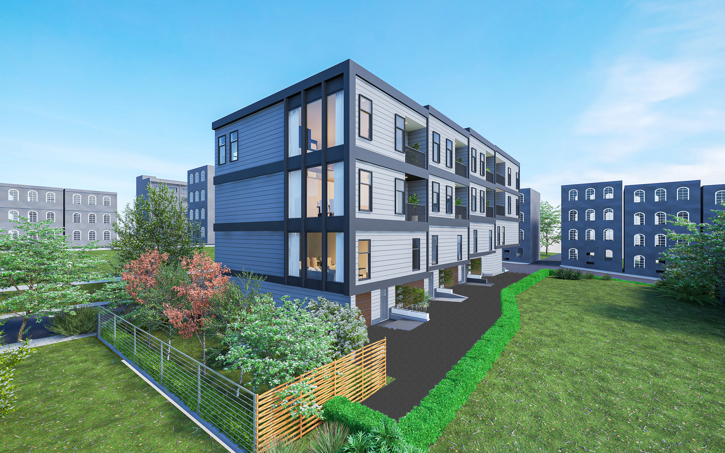 Digital rendering of a modern multi-story apartment building with balconies, surrounded by greenery and other similar buildings in the background.