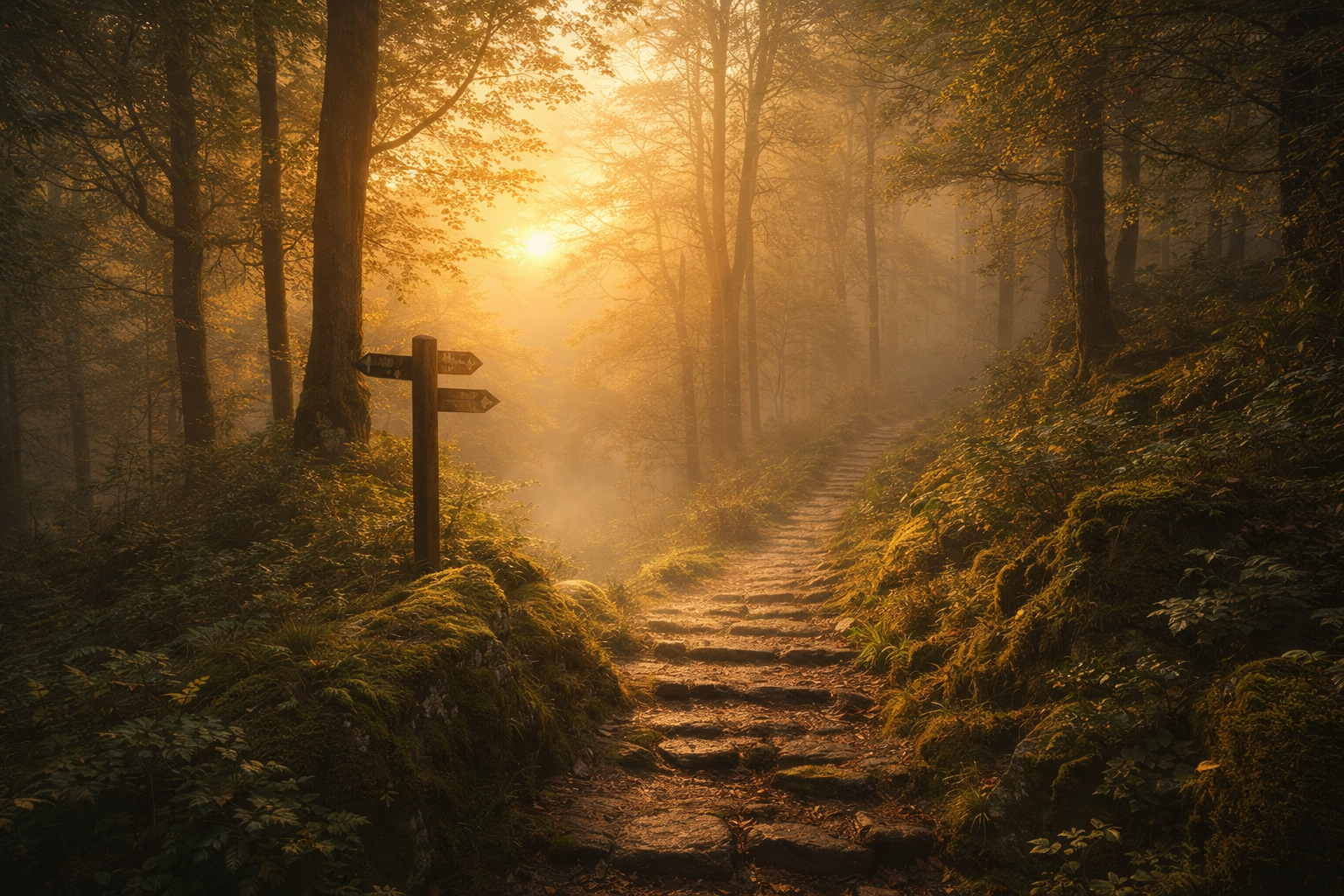 A sunlit forest path at dawn symbolising the beginning of The Wolf’s Path journey toward clarity, direction, and mastery.