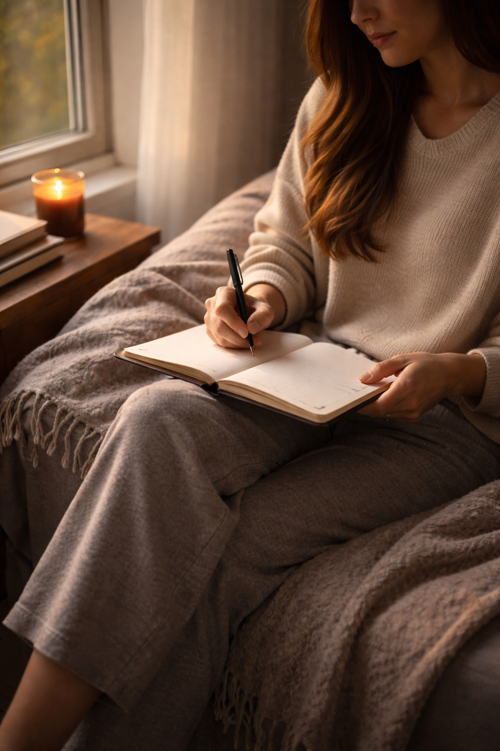Quiet personal reflection during The Wolf’s Path, journaling in soft natural light as part of a faith-led self-development journey.”