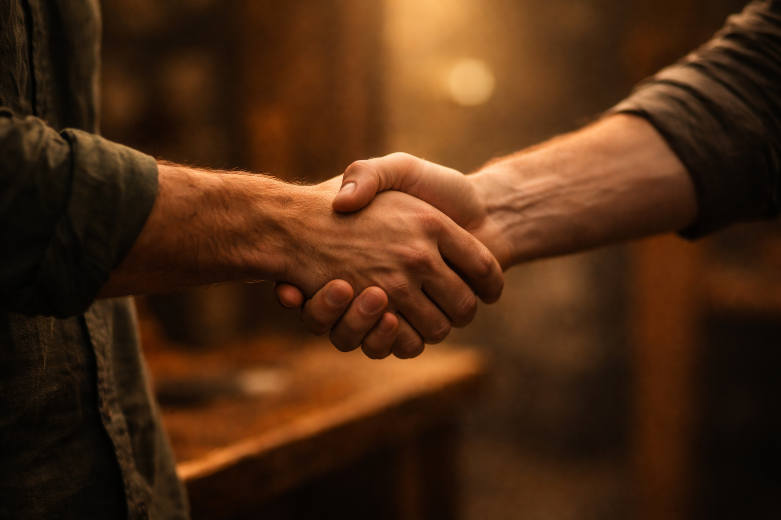 A close-up of two hands meeting in a handshake, representing trust, mutual commitment, and a conscious decision to begin The Wolf’s Path journey.