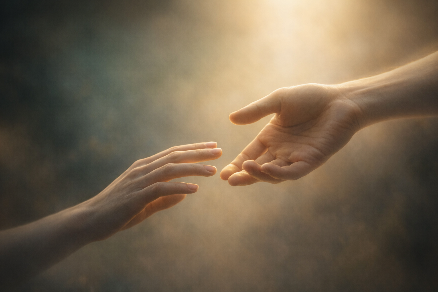 Two hands reaching toward each other in soft light, symbolising guidance, trust, and the beginning of a personal journey with The Wolf’s Path.