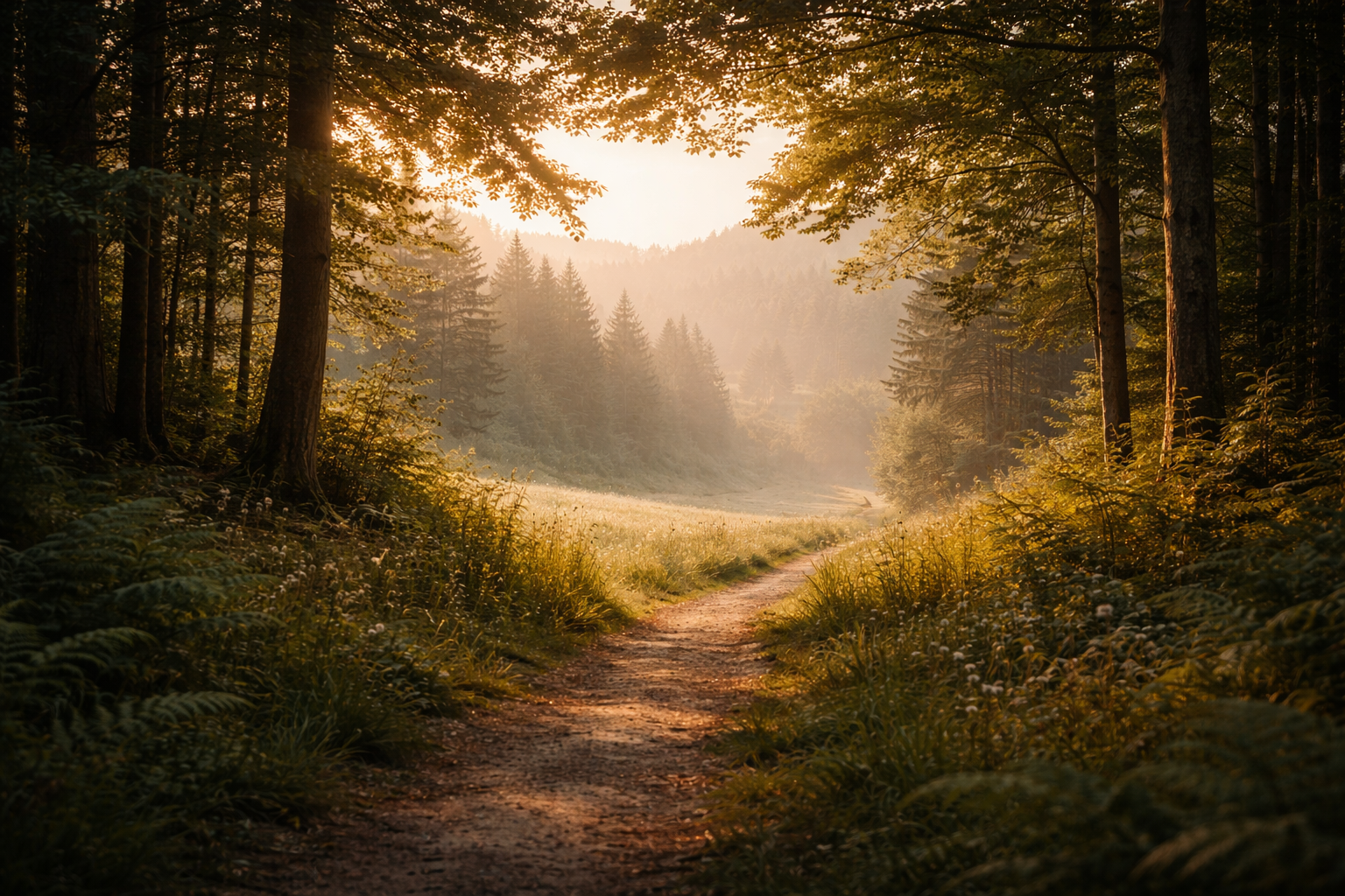 A quiet forest path opening into light, symbolising clarity, direction, and personal growth.