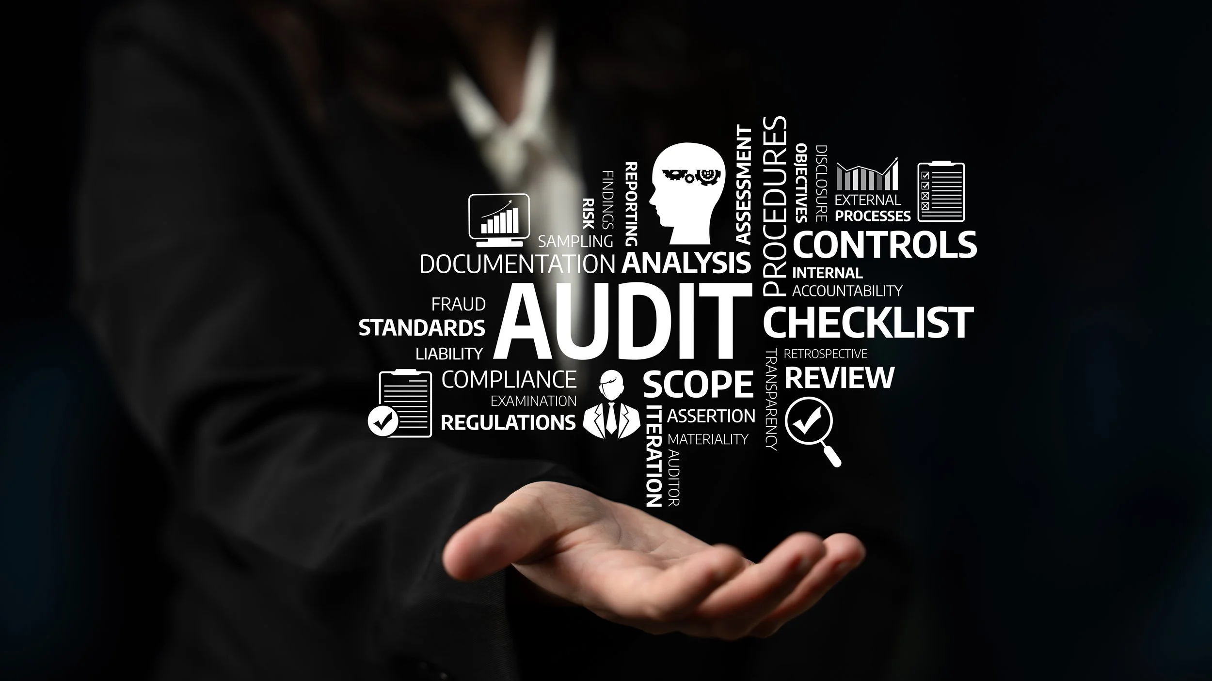 A person in a dark suit holds out their hand with a digital overlay of words related to audit, analysis, controls, and compliance, including icons of a bar chart, checklist, and magnifying glass.