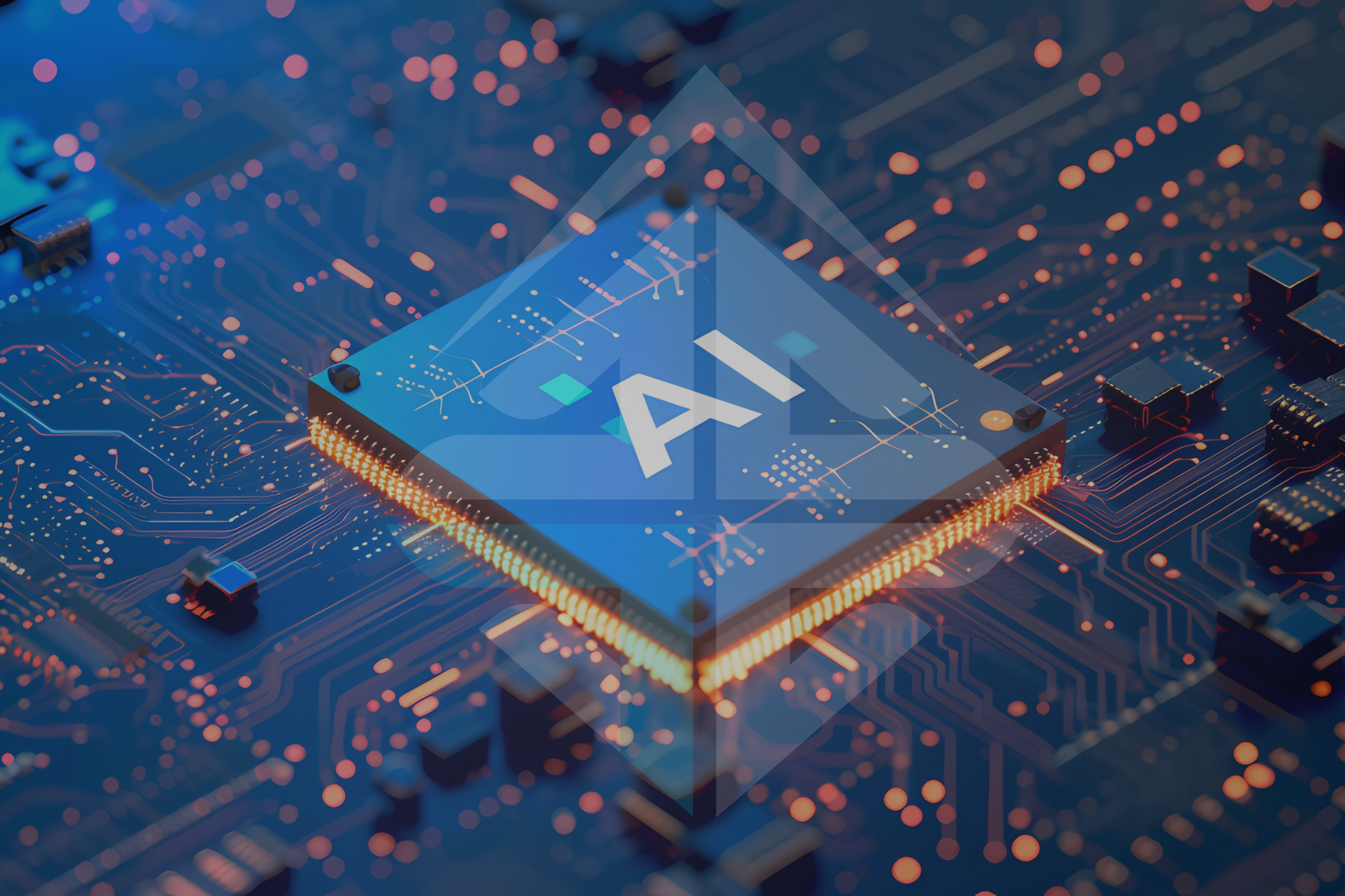 Close-up of a computer circuit board with a semi-transparent triangle overlayed, featuring an A and an I, symbolizing AI technology.