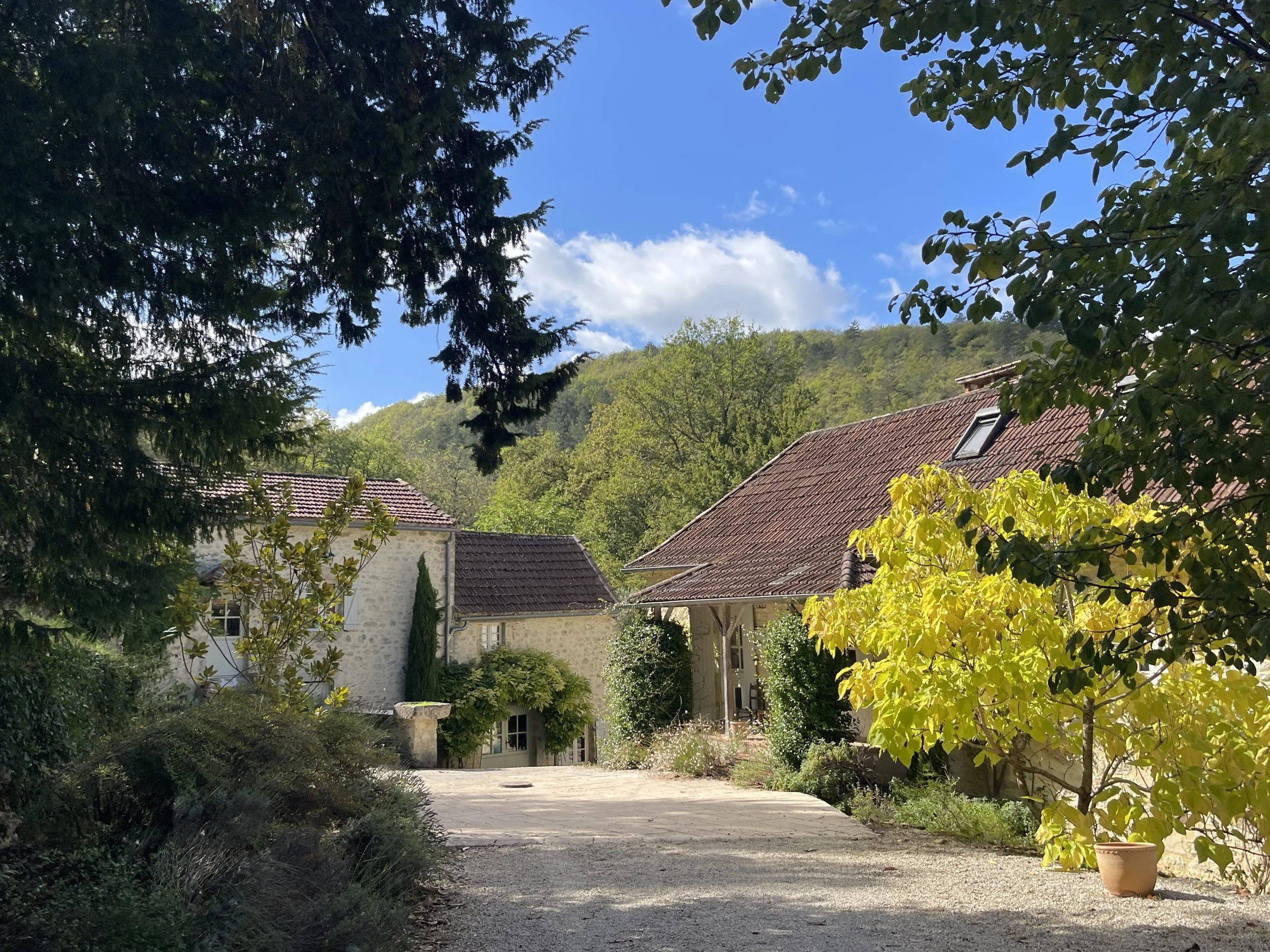 A rural scene with stone houses, a gravel path, and lush green trees under a blue sky with clouds.