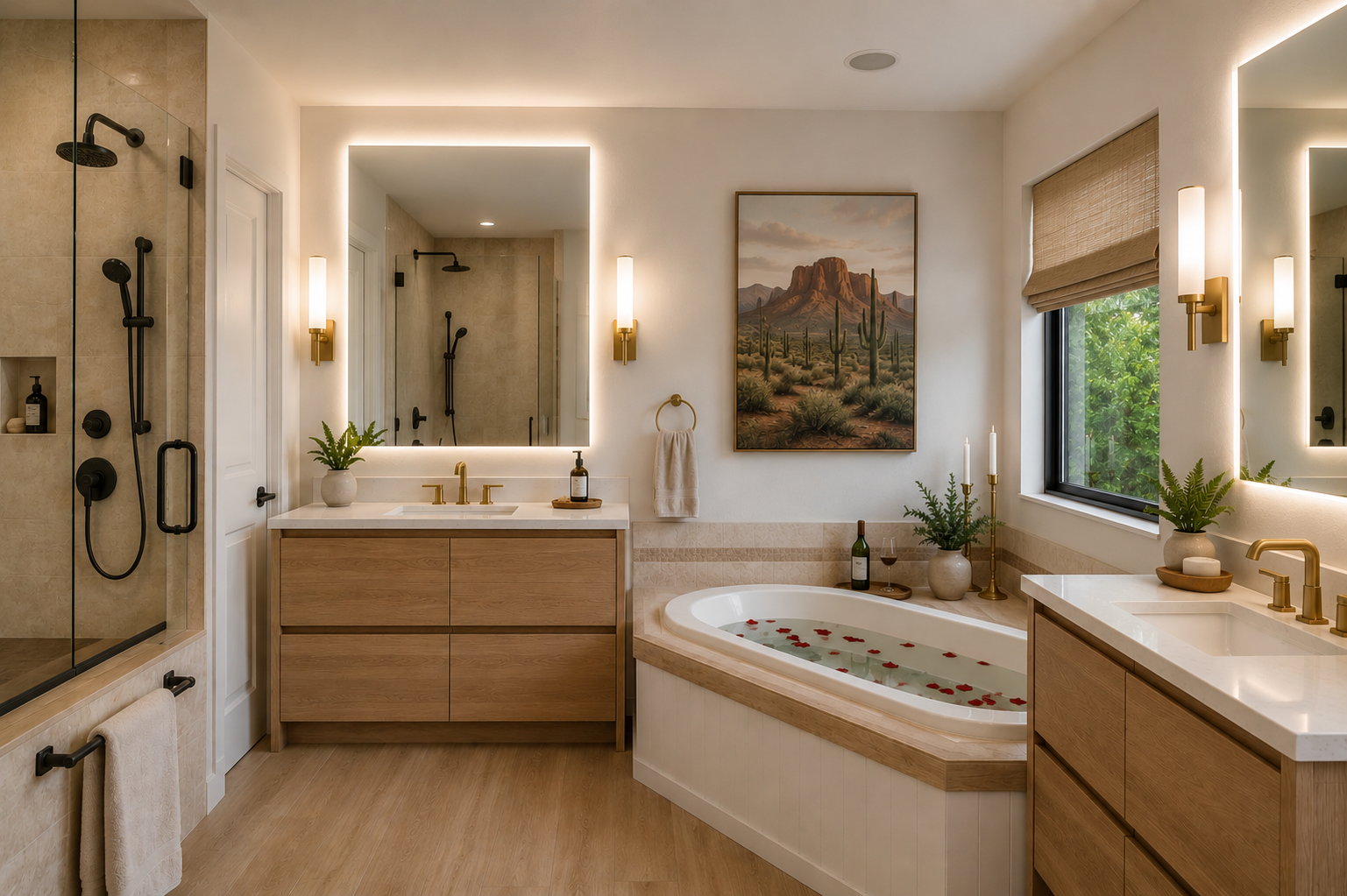 Spa bathroom with soaking tub and rose petals — Sun Haven Collection luxury vacation rental.