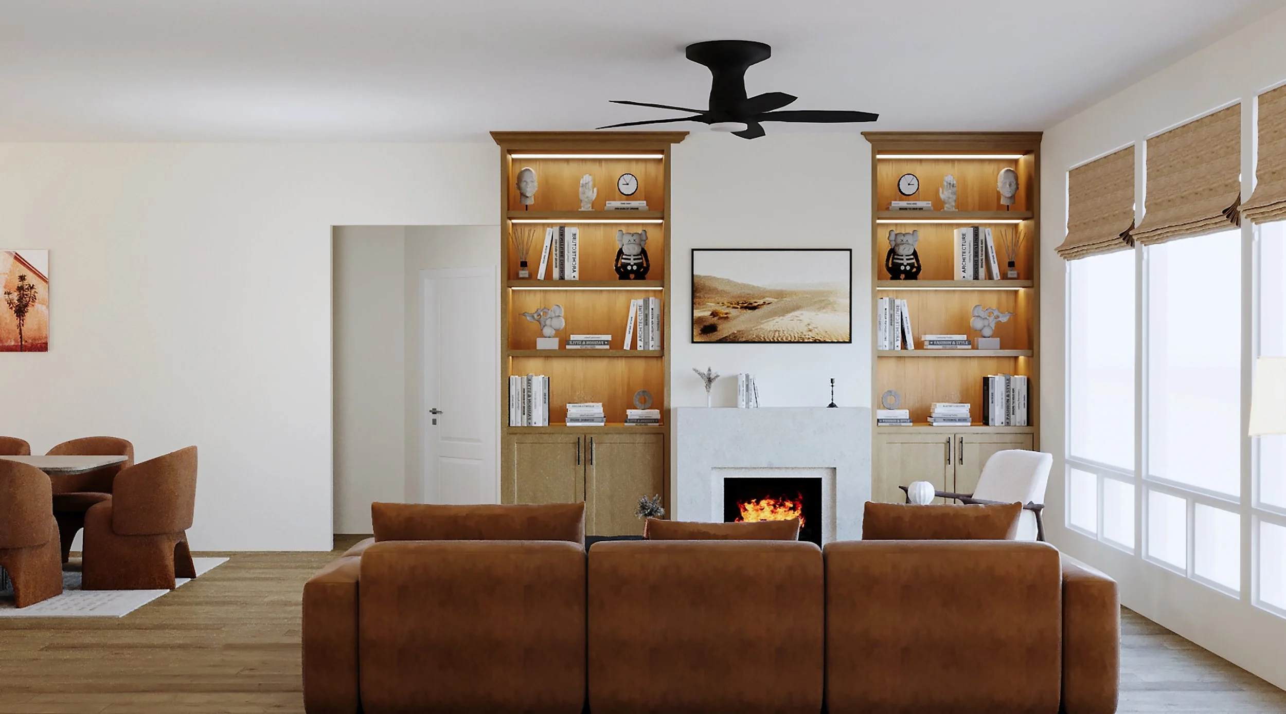 Living room with fireplace and built-in shelving — Sun Haven Collection luxury vacation rental.