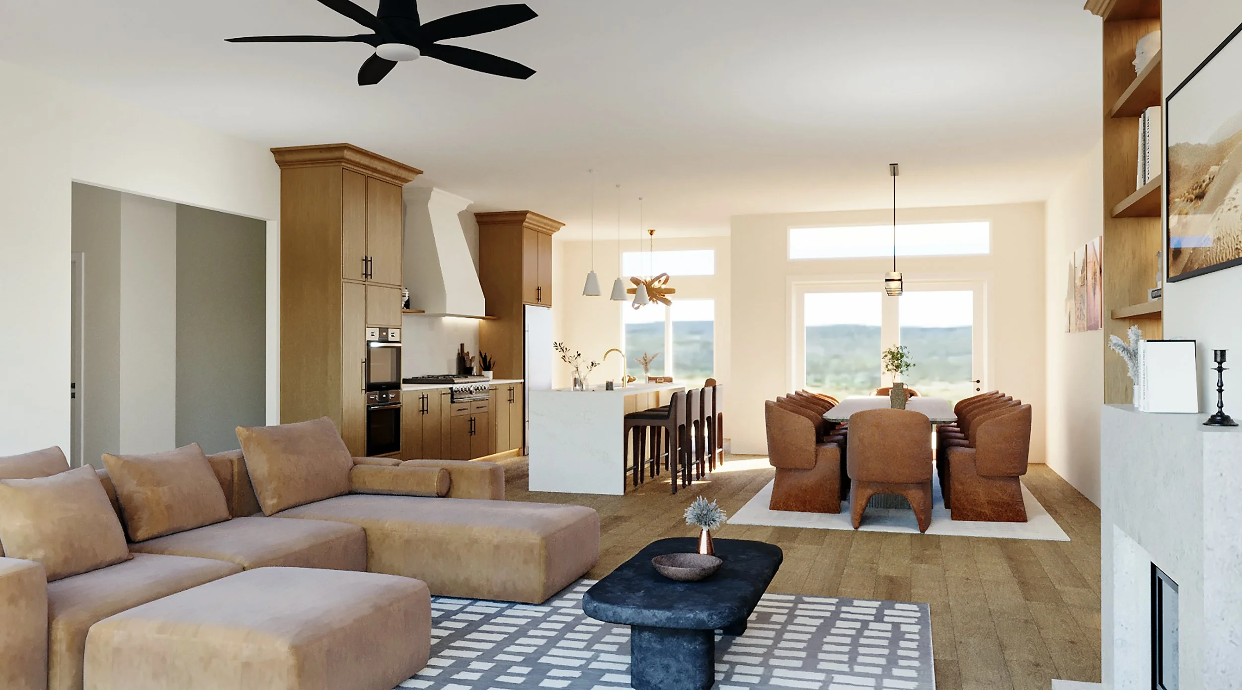 Open-concept living room and kitchen with beige couches, black coffee table, dining table with brown chairs, large windows, and modern lighting fixtures.