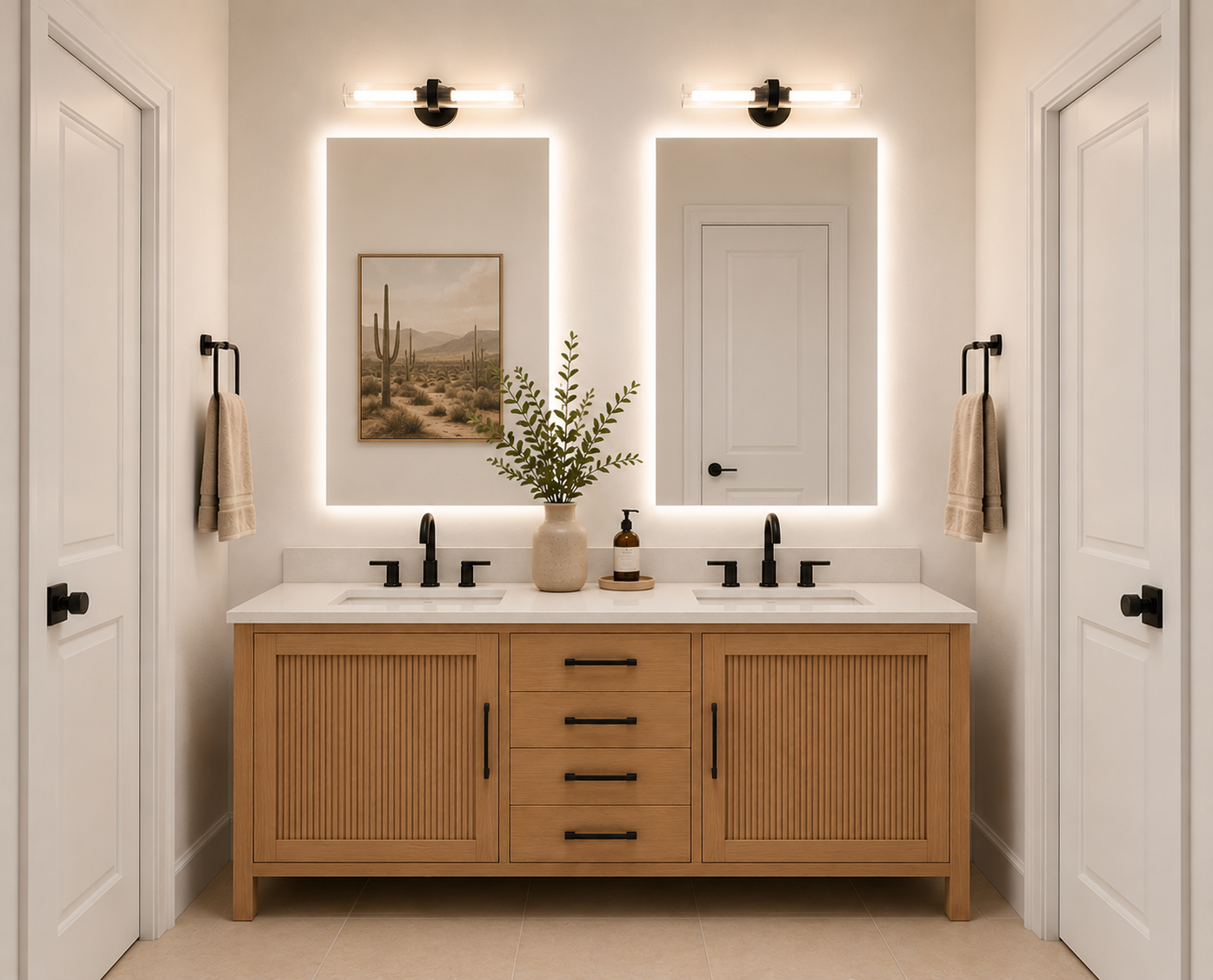 Double-vanity bathroom with desert art and black fixtures — luxury vacation home, Sun Haven Collection.