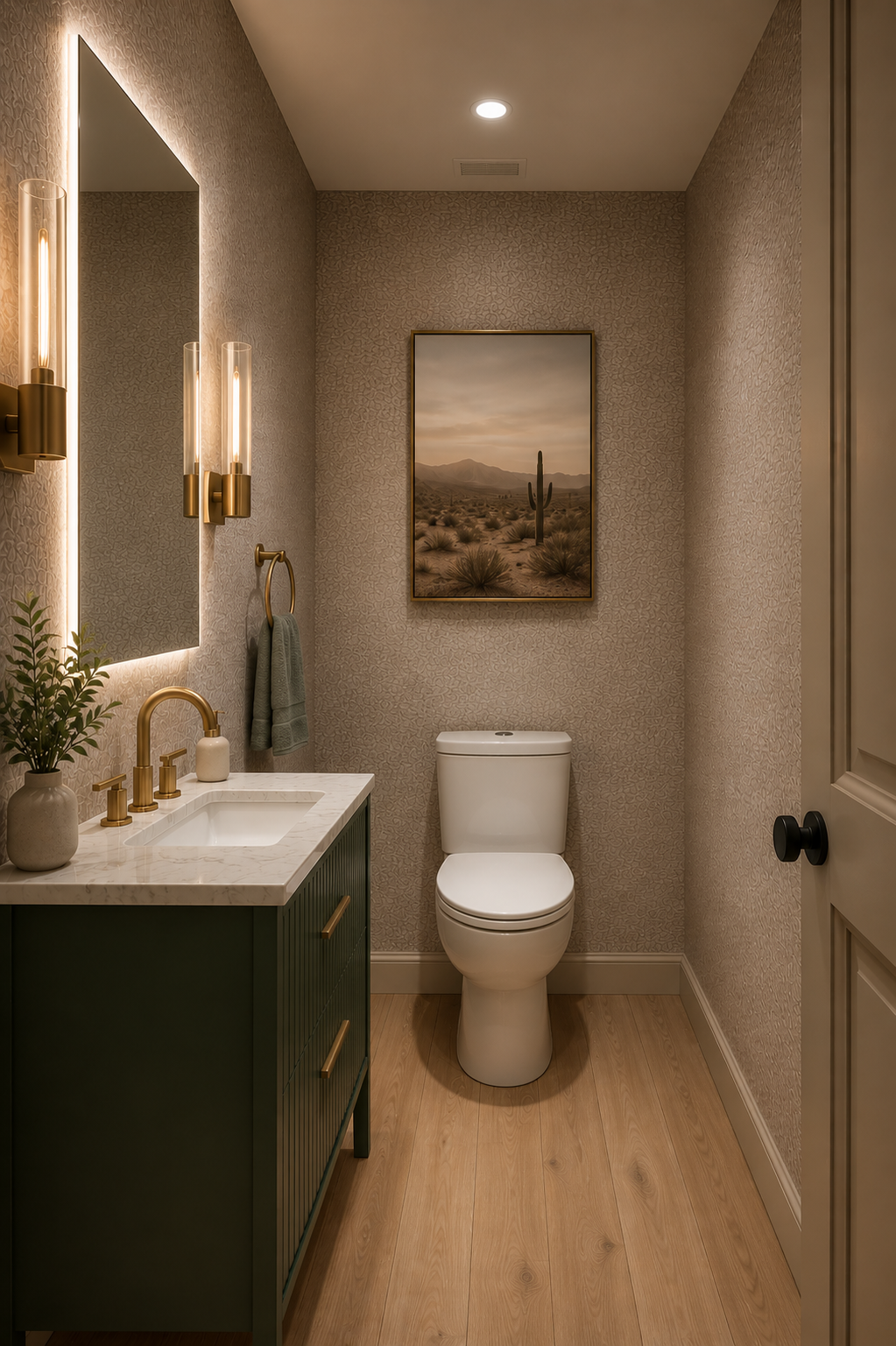 Designer bathroom with green vanity and desert art — Sun Haven Collection luxury vacation rental.