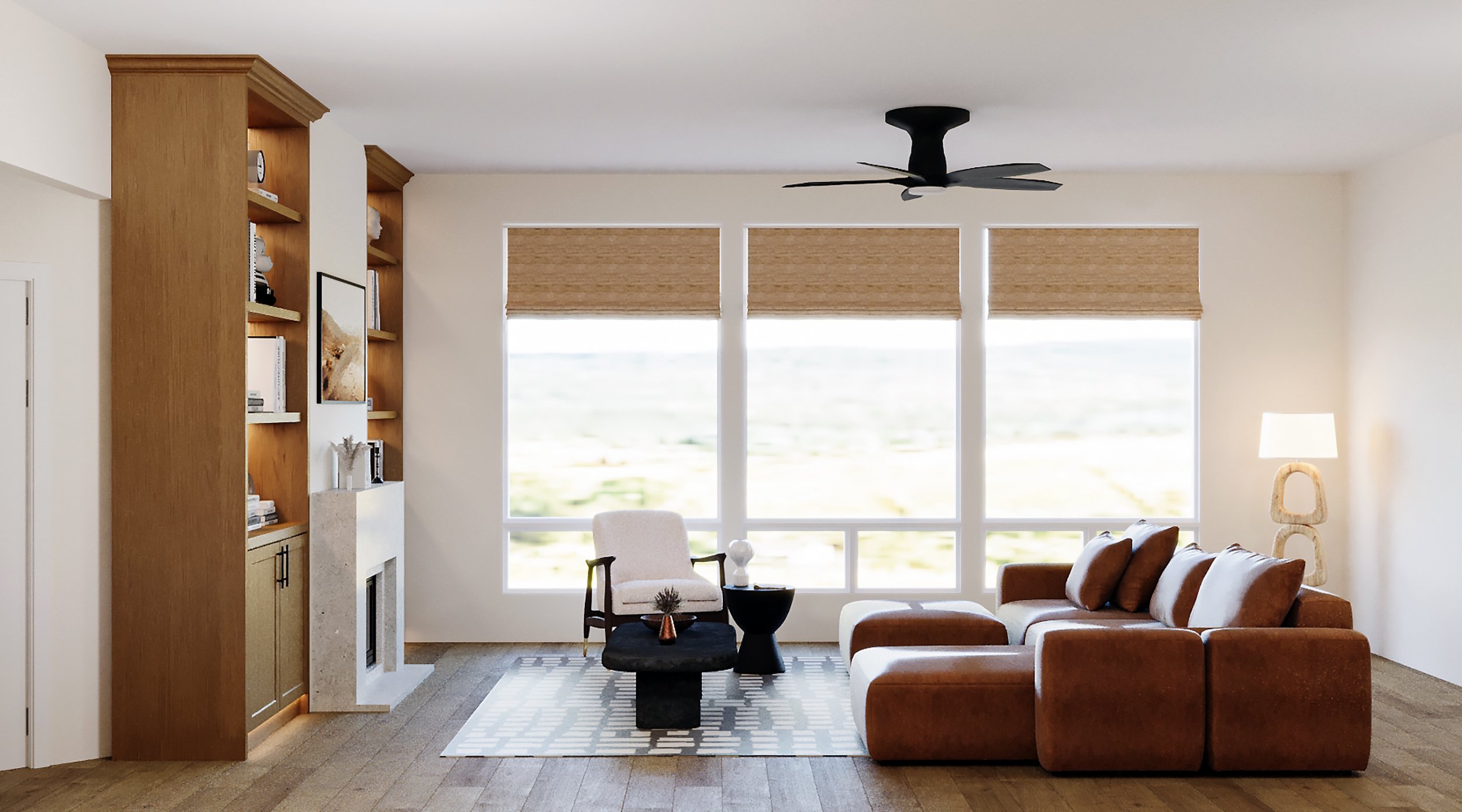 Bright living room with designer furnishings and garden views — luxury vacation home, Sun Haven Collection.