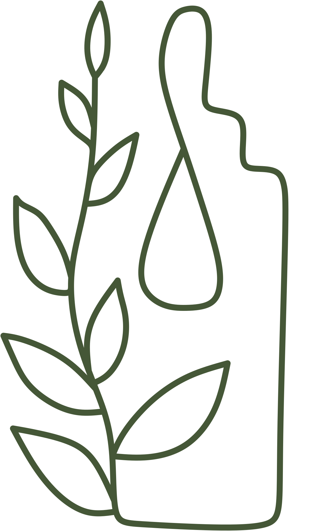 Simple line drawing of a hand holding a rectangular container with a dropper and leaves or branches extending from it.