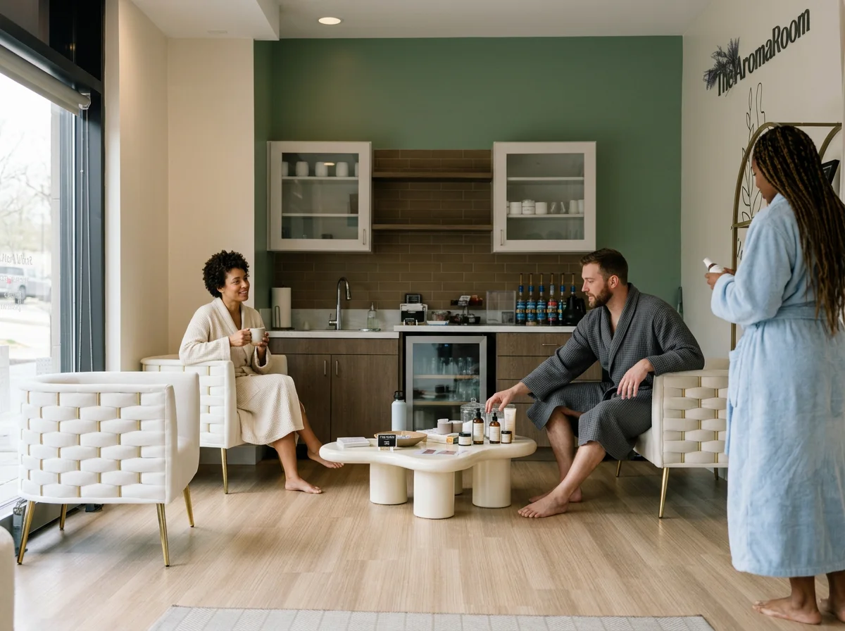 A wellness or spa room with two people receiving treatments and one person standing with a bottle. The room has a modern, calming decor with green and white walls, a small table with bottles and skincare products, and a sitting area. One person, a woman, is sitting on a white armchair holding a cup, and a man in a robe is sitting on a similar chair reaching for products on the table. The third person, a woman in a robe, is standing and looking at her phone.