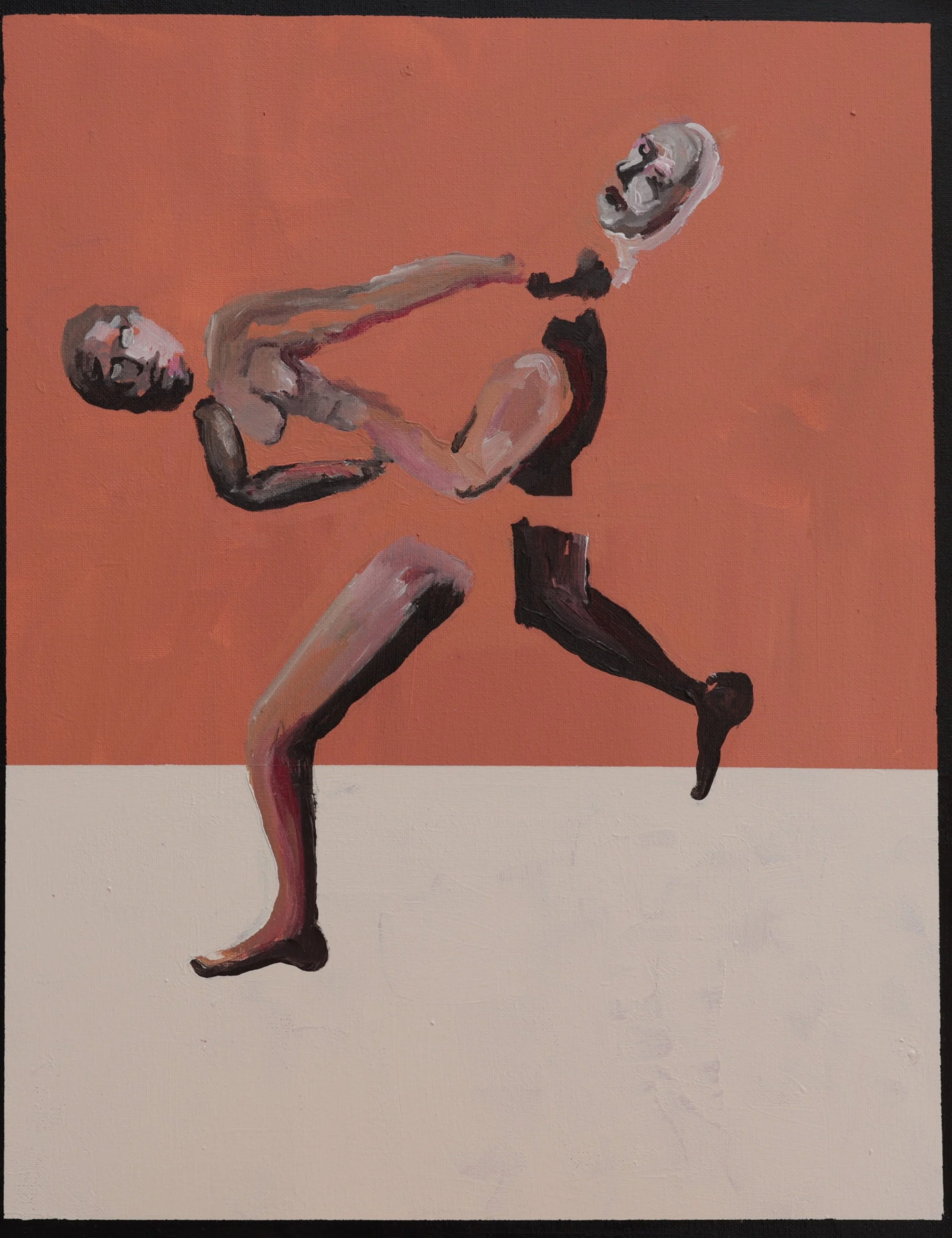 An abstract painting of a person with short hair, kneeling on one knee, with a background divided into a pink upper half and a white lower half.