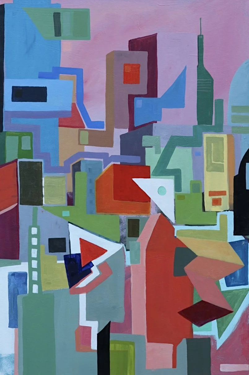 Abstract painting of a cityscape with colorful geometric shapes representing buildings and skyscrapers.