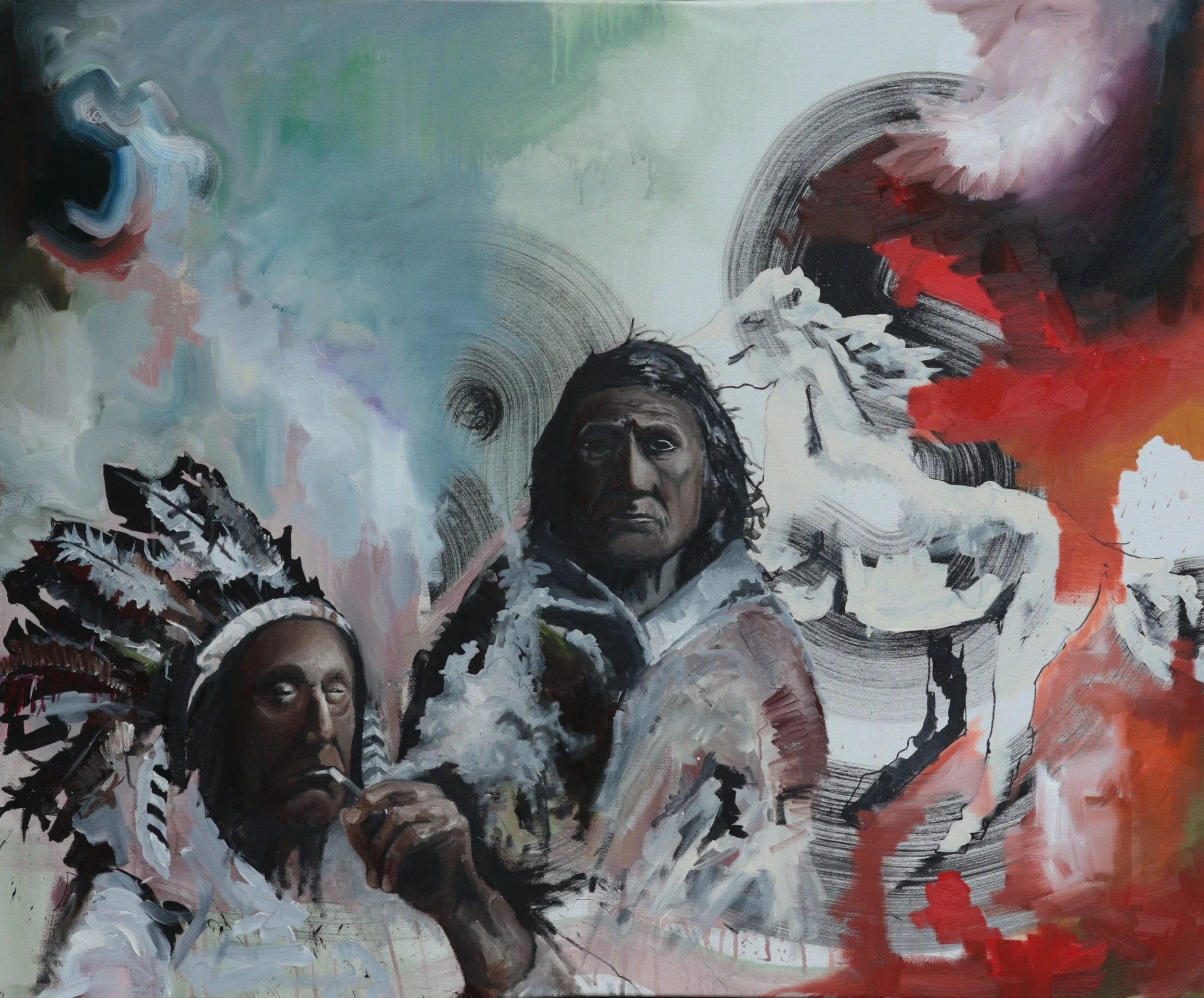 Abstract painting of two Native Americans, one with a feathered headdress smoking and the other with long dark hair, surrounded by a colorful, expressive background.