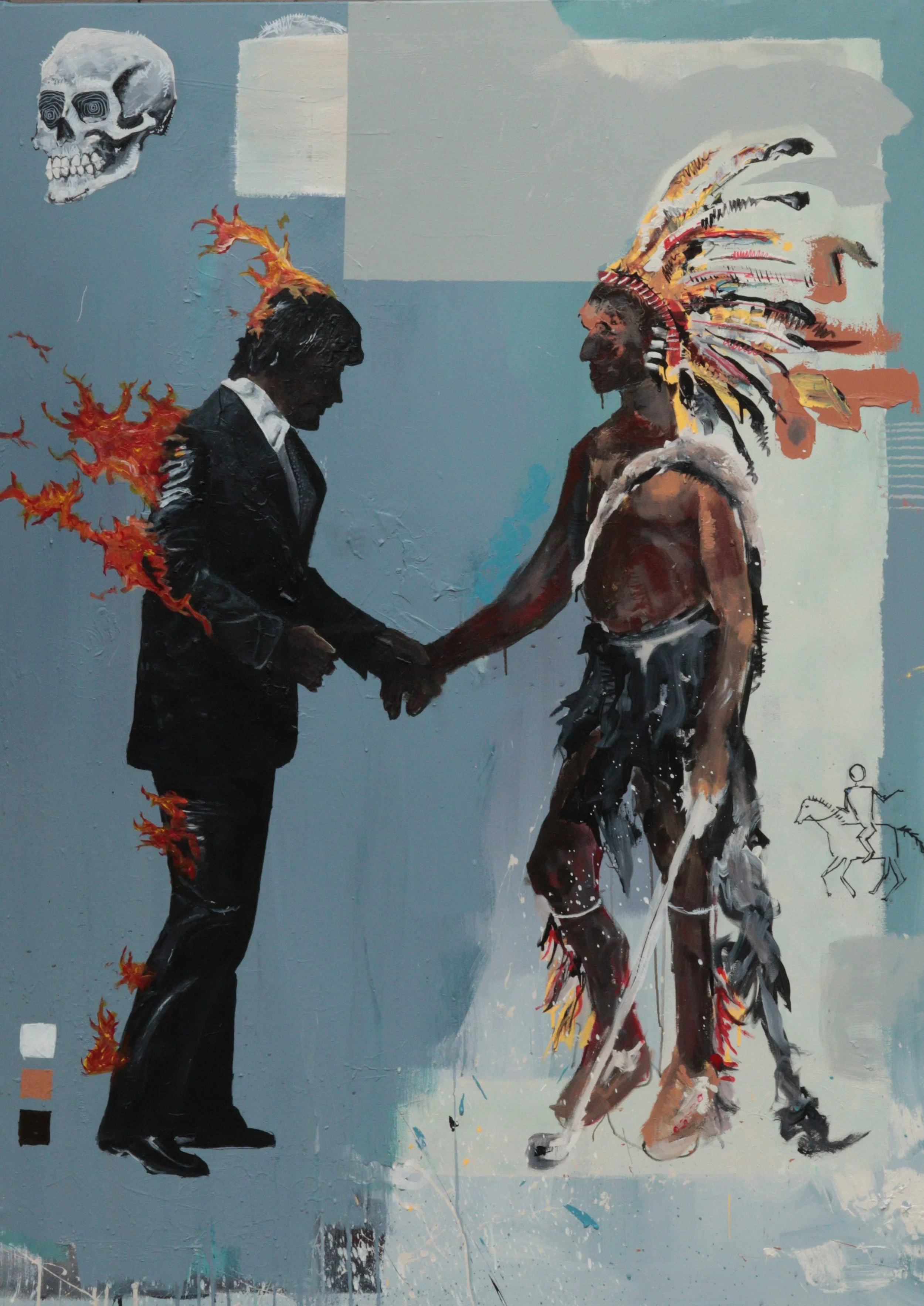 A mural depicting a businessman in a suit shaking hands with a Native American man. The businessman appears to be on fire, while the Native American is dressed in traditional attire with a feathered headdress. There is a skull in the top left corner 