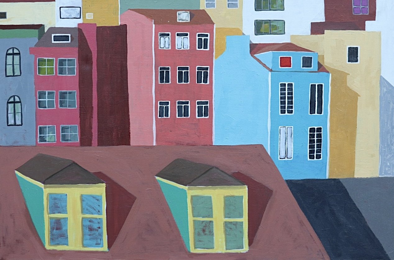 Colorful painting of a cityscape with multicolored buildings in pink, blue, yellow, and purple, and two small green and yellow structures with dark roofs in the foreground, on a brown roof.