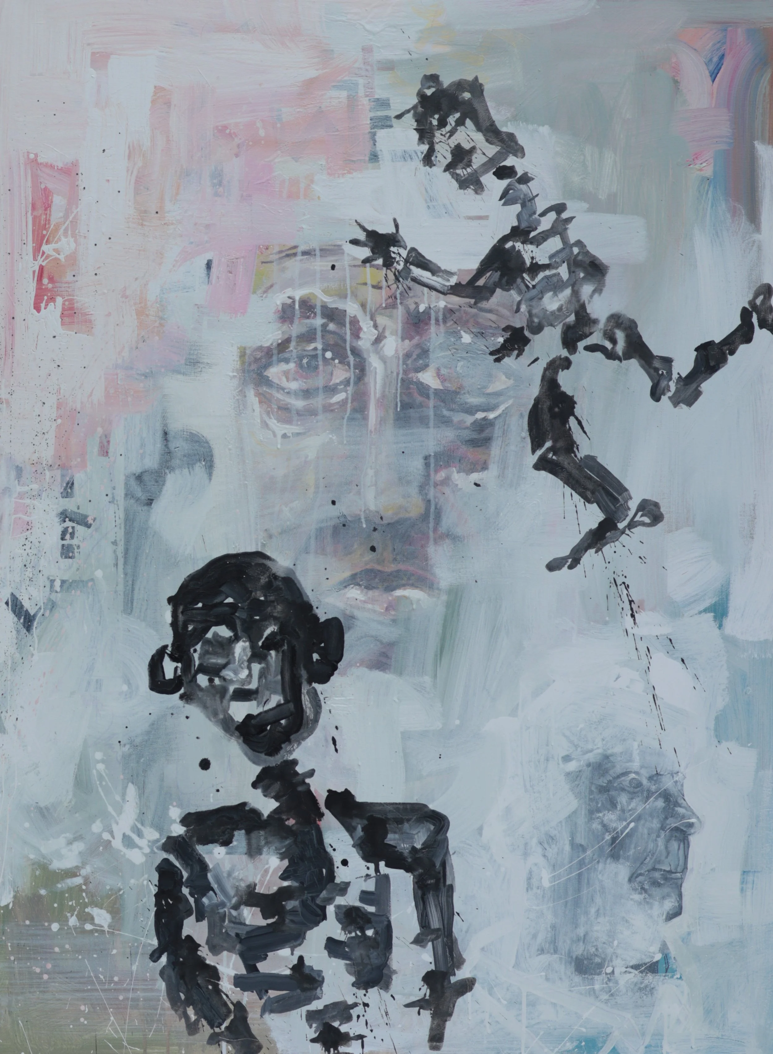 Abstract painting featuring several ghostly faces and a skeleton-like figure, with a pastel-colored background and energetic brushstrokes.