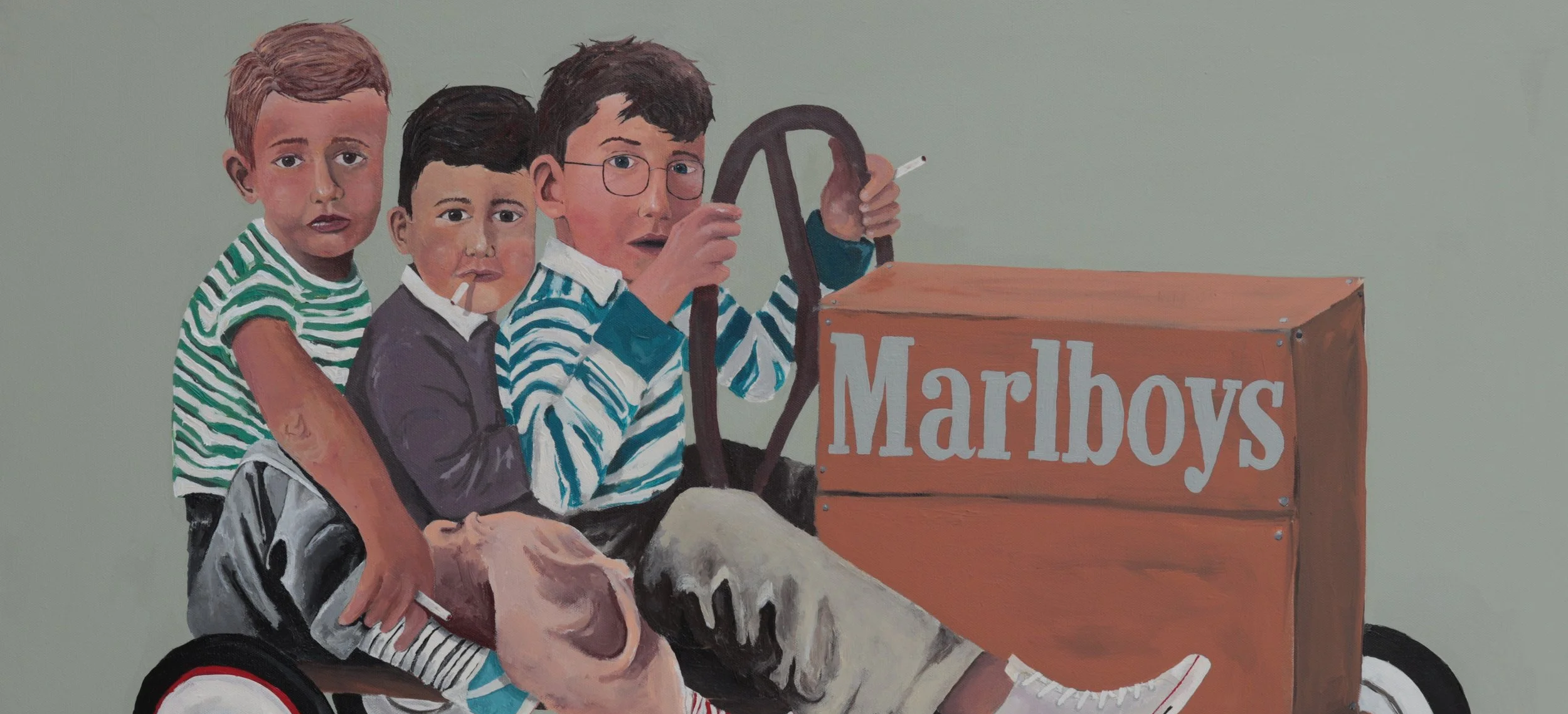 Painting of three young boys riding a bicycle with a wooden box labeled "Marlbovs" attached to the front, with the boy in front holding a cigarette.